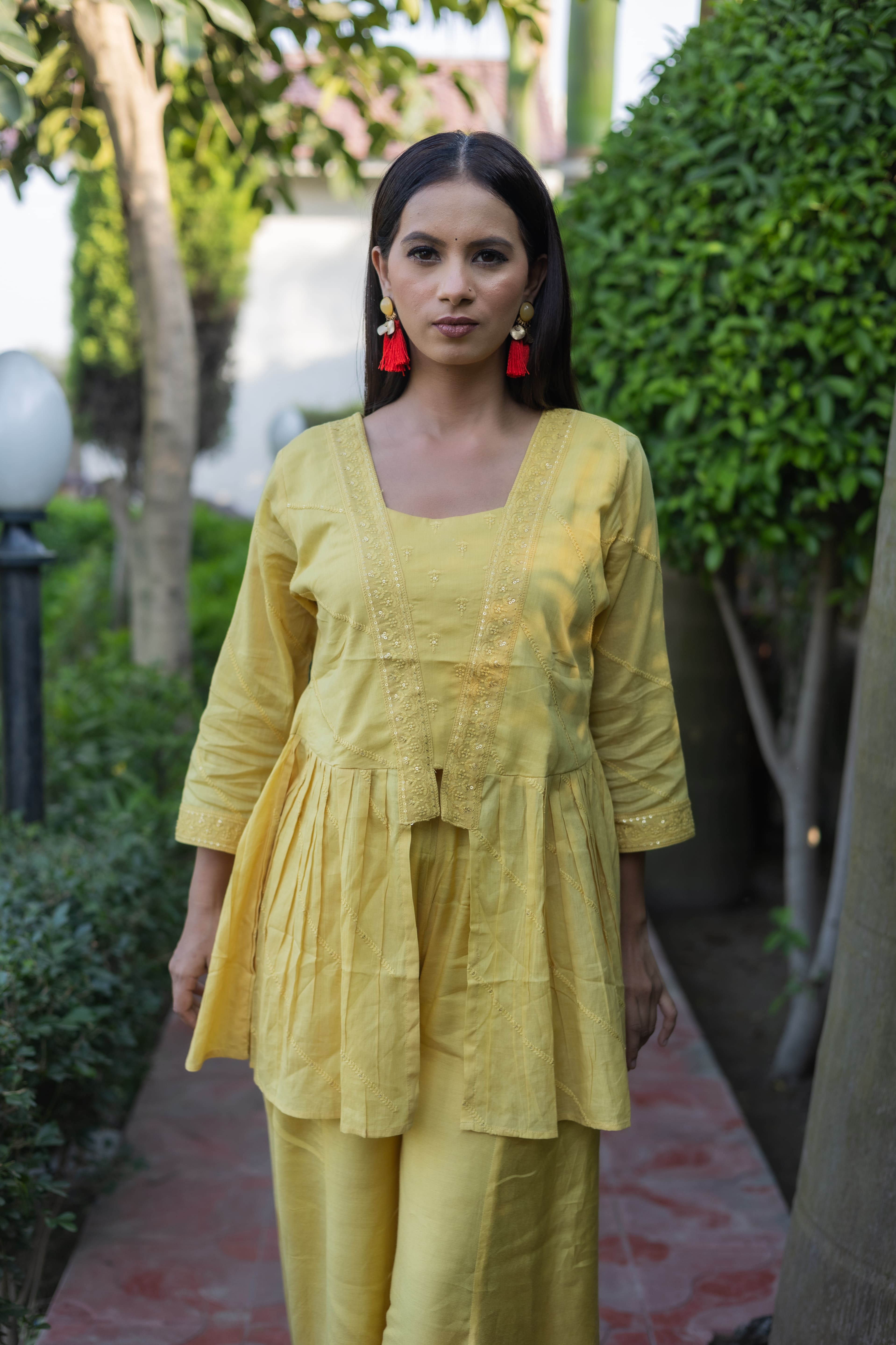 Elegant Yellow Embroidered Coord Set with Flowy Palazzo( Set of 2) - Vanika