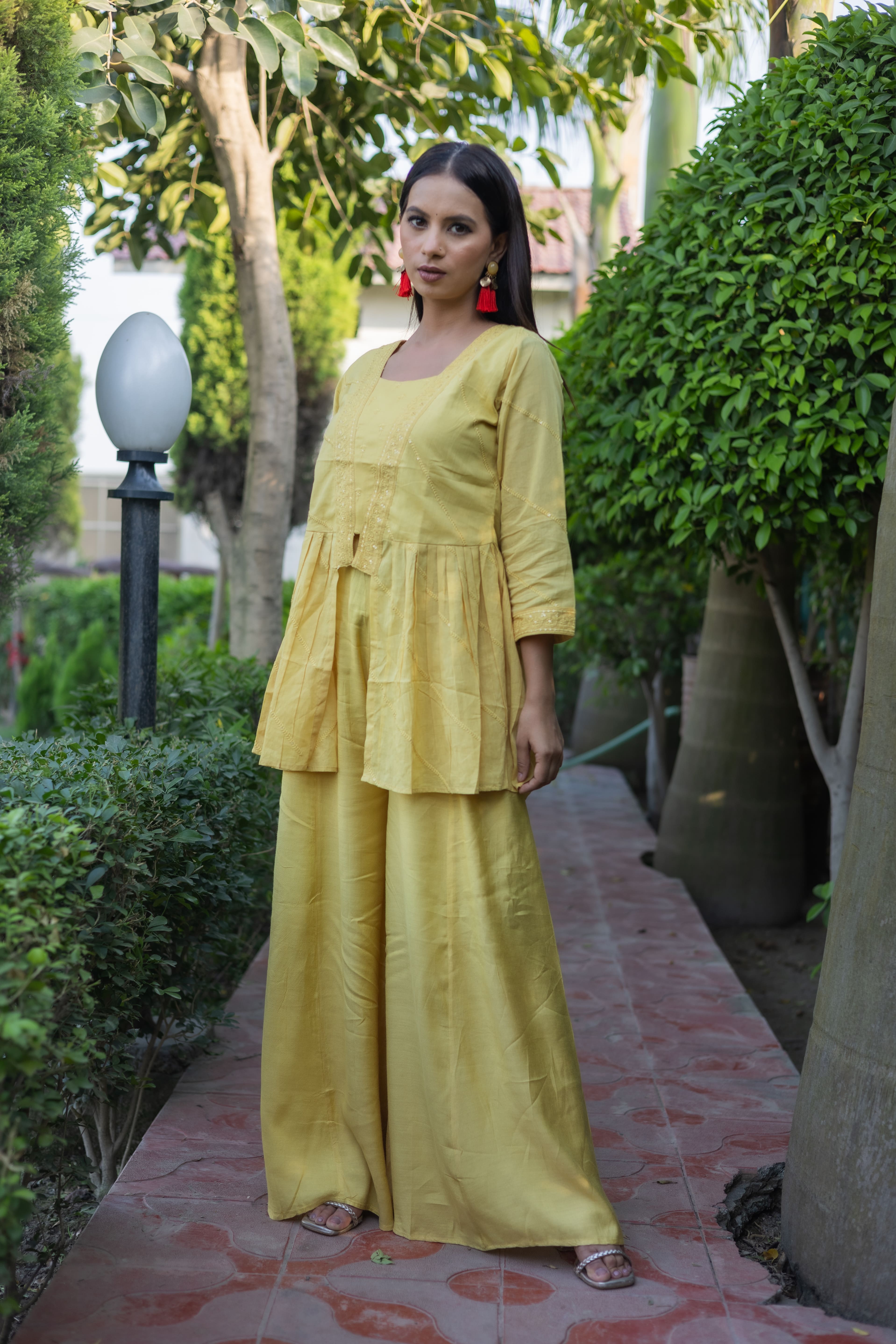 Elegant Yellow Embroidered Coord Set with Flowy Palazzo( Set of 2) - Vanika