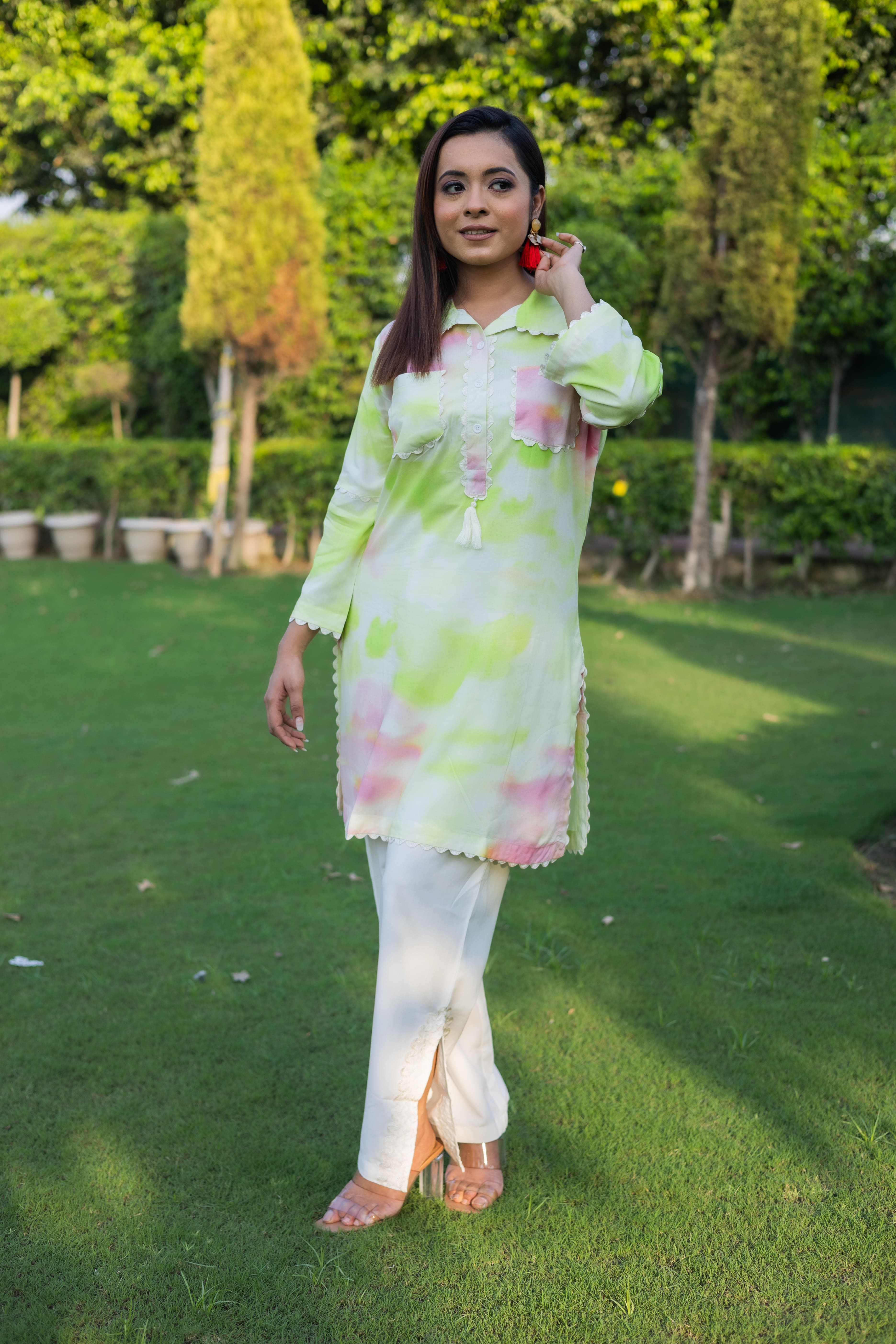 Lime and Pink Tie-Dye Co-ord Set with Tassel and Lace Embellished (Set of 2) - Vanika