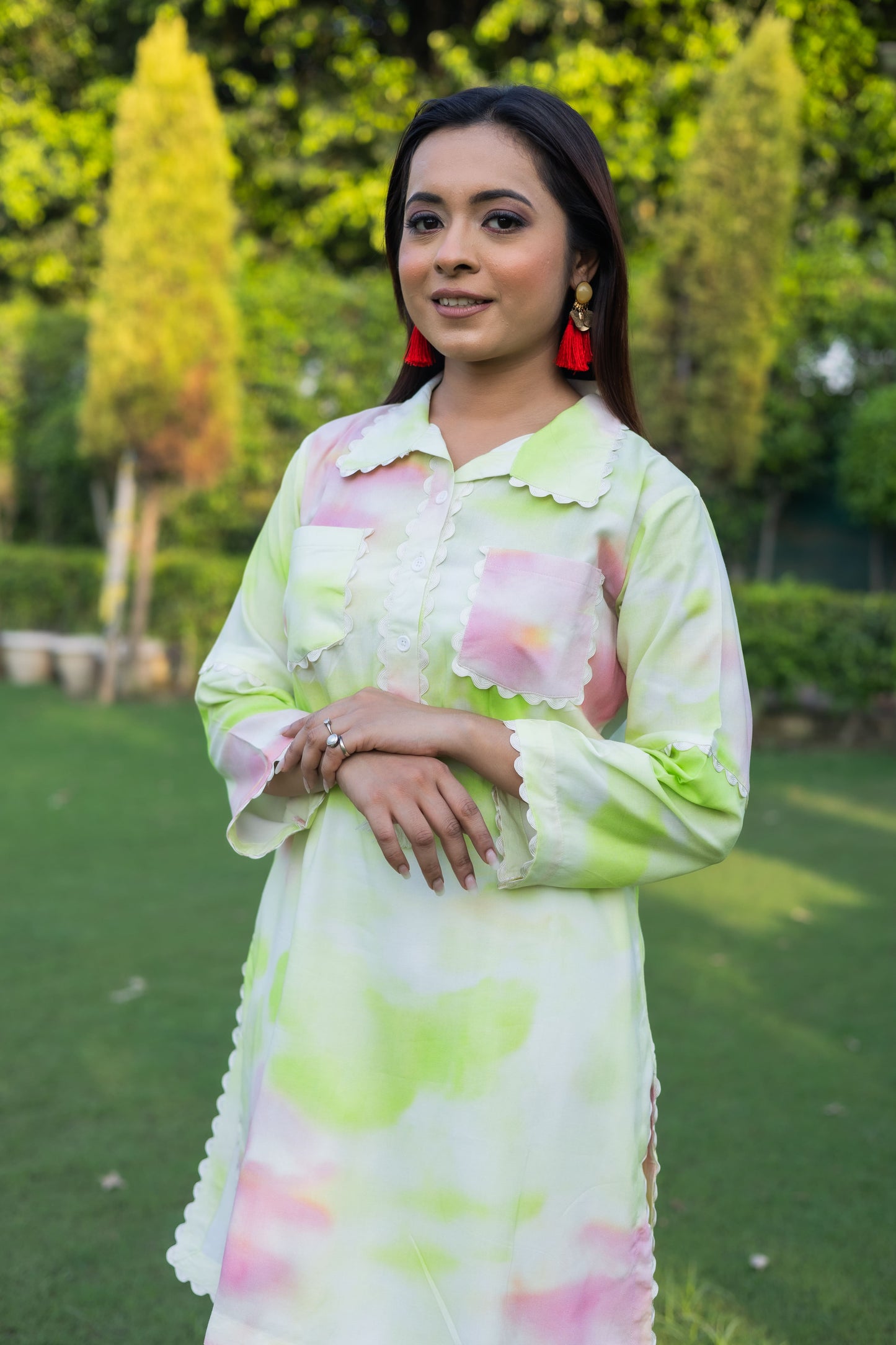 Lime and Pink Tie-Dye Co-ord Set with Tassel and Lace Embellished (Set of 2) - Vanika