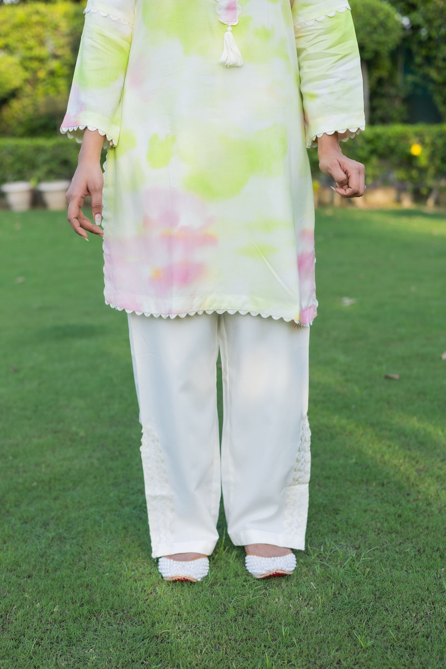 Lime and Pink Tie-Dye Co-ord Set with Tassel and Lace Embellished (Set of 2) - Vanika