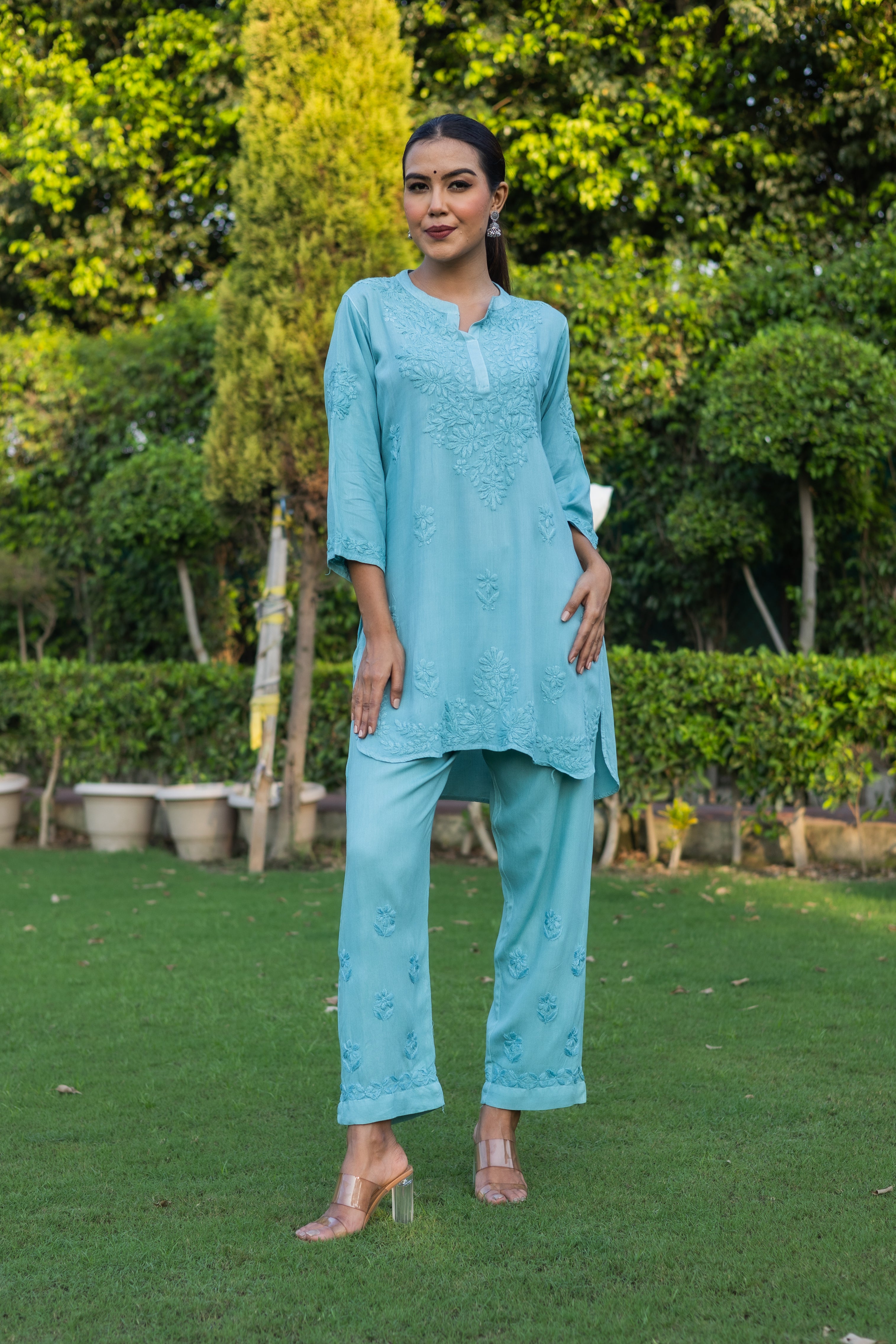 Ice Blue Chikankari Kurta Set Modal Fabric | 2-Piece Set - Vanika