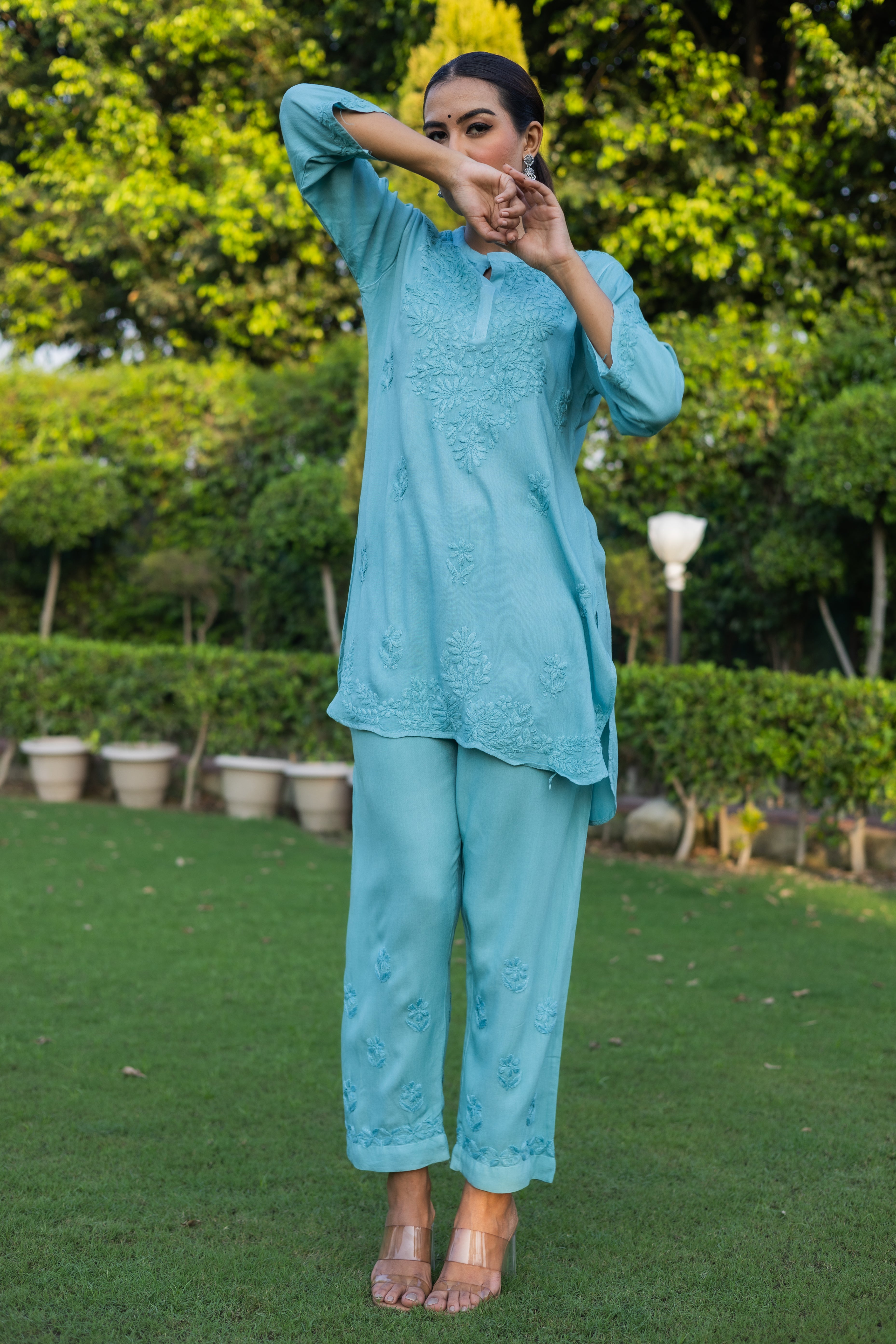 Ice Blue Chikankari Kurta Set Modal Fabric | 2-Piece Set - Vanika