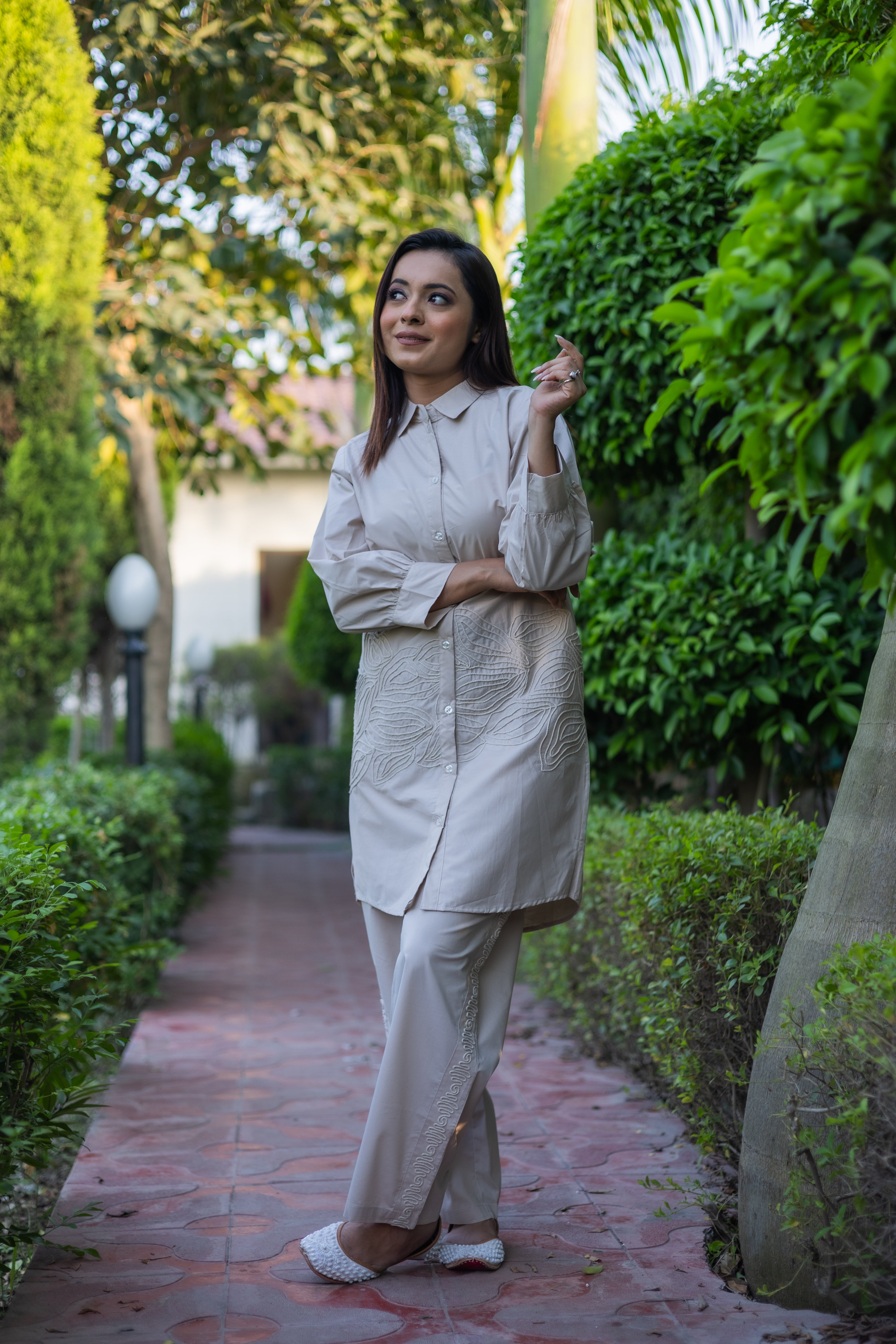 Beige Collared Co-ord Set with Delicate Leaf Pattern Embroidery (Set of 2) - Vanika