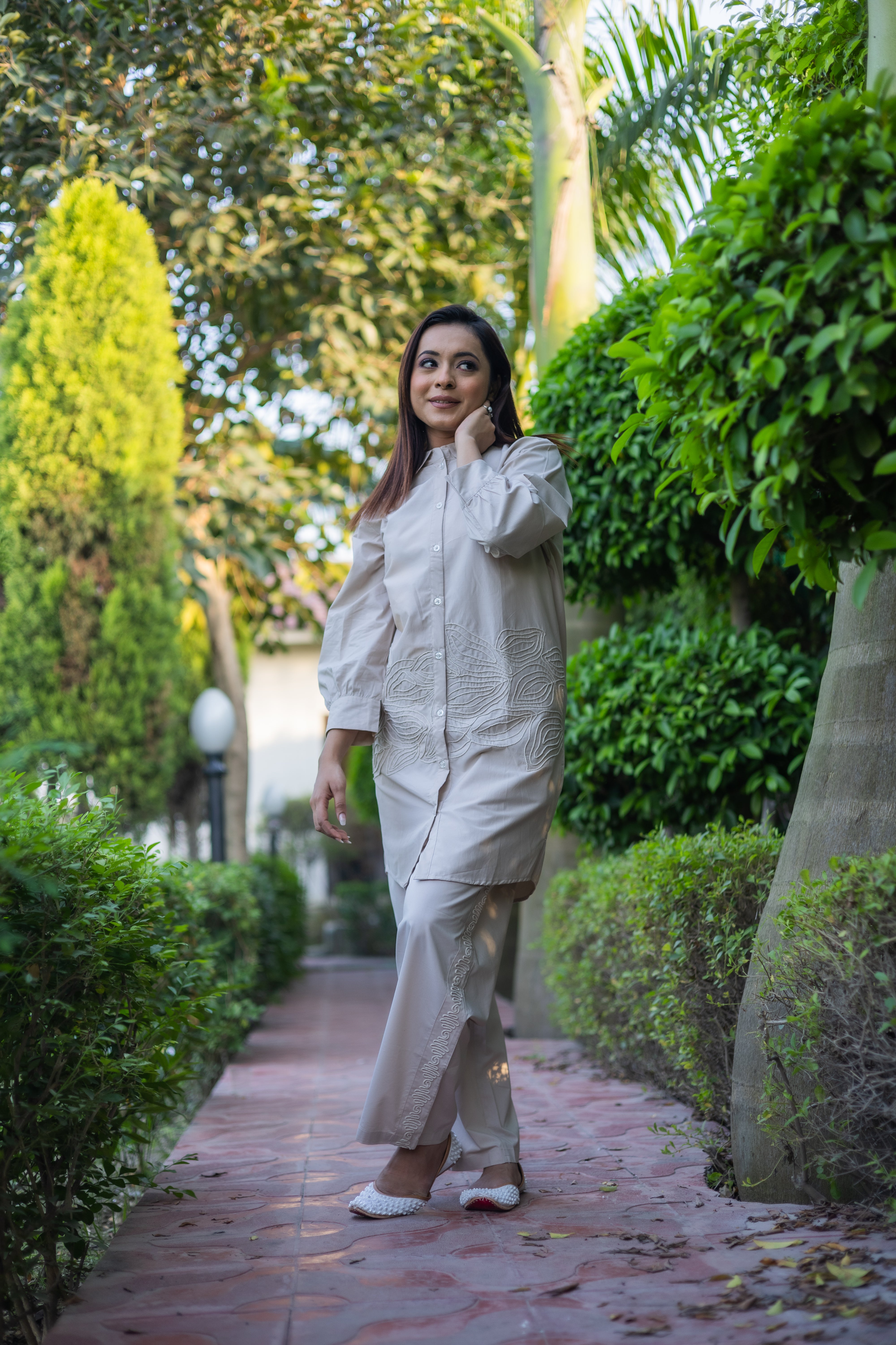 Beige Collared Co-ord Set with Delicate Leaf Pattern Embroidery (Set of 2) - Vanika