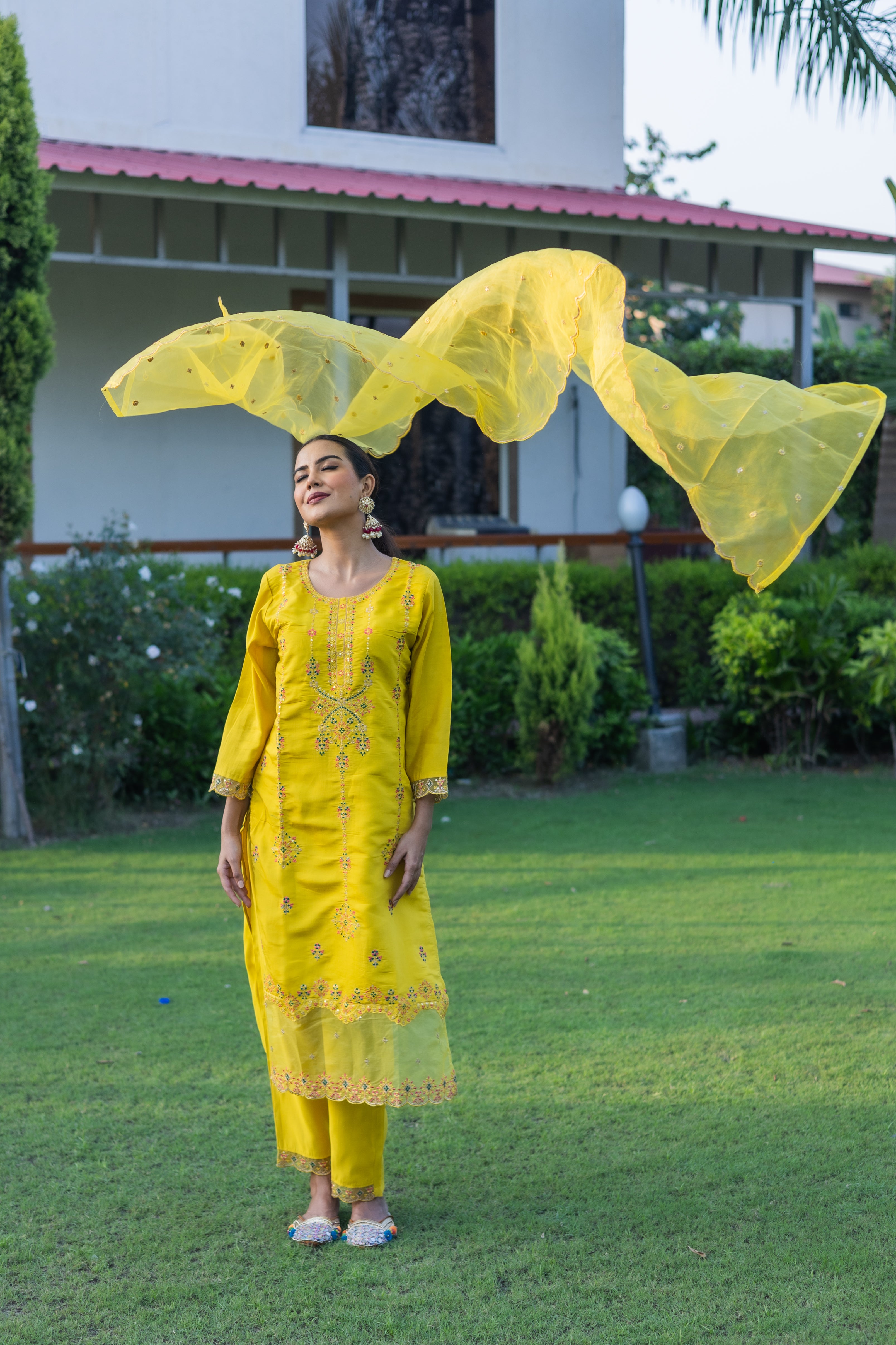 Classic Yellow Roman Silk Kurta Set with Vibrant Embroidery and Dupatta( Set of 3) - Vanika