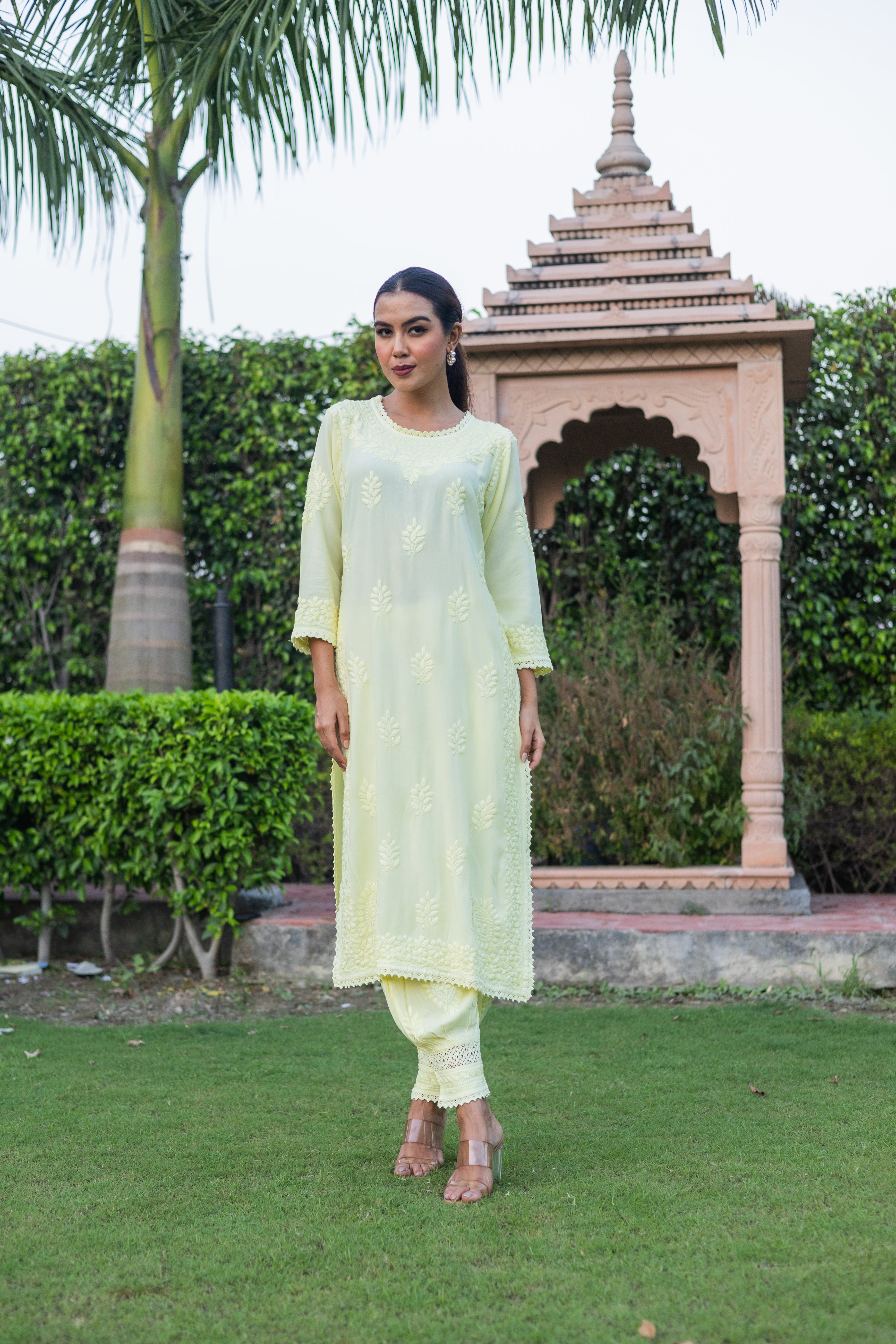 Light Yellow Rayon Cotton Chikankari Kurta with Pathani Salwar (Set of 2) - Vanika
