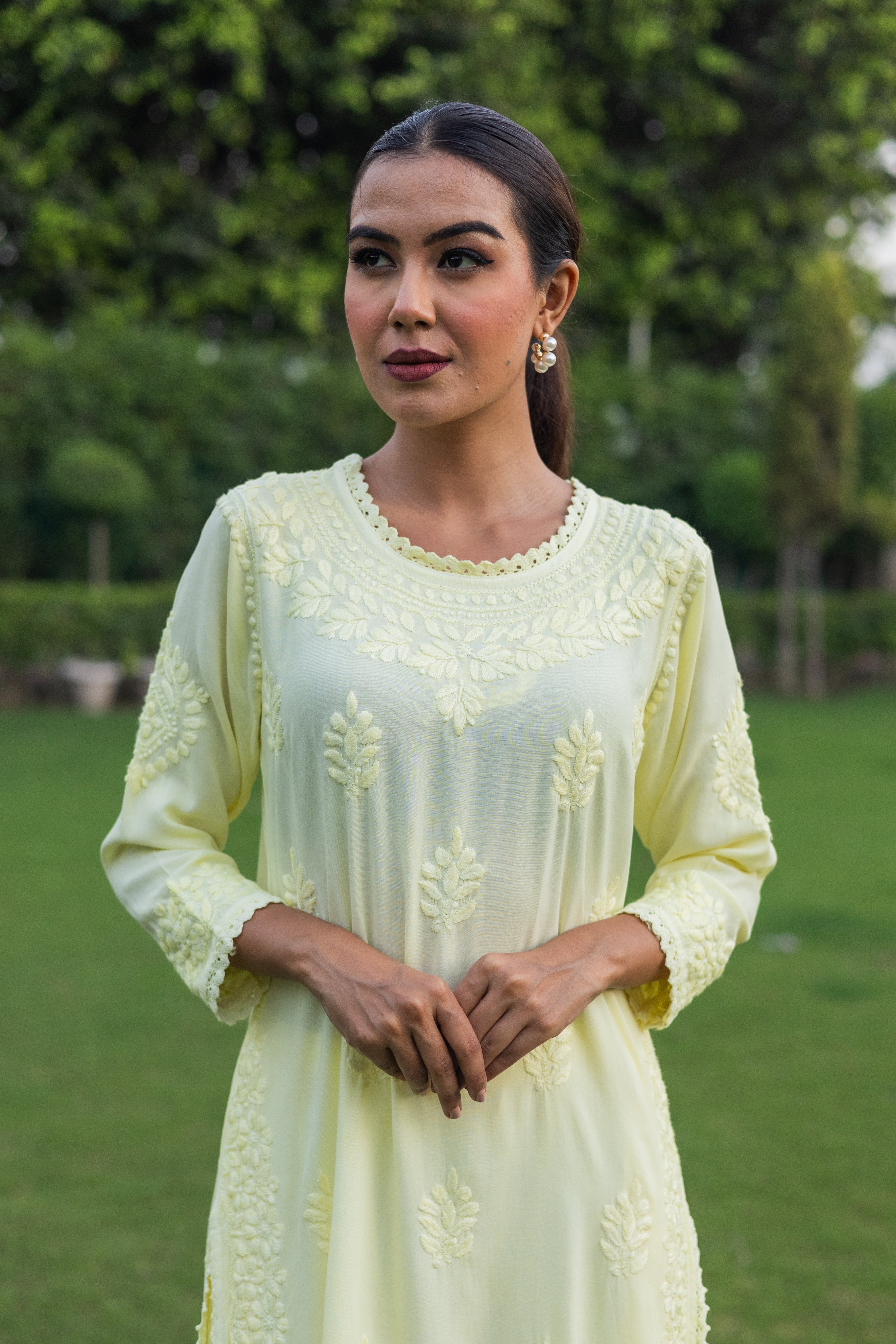 Light Yellow Rayon Cotton Chikankari Kurta with Pathani Salwar (Set of 2) - Vanika