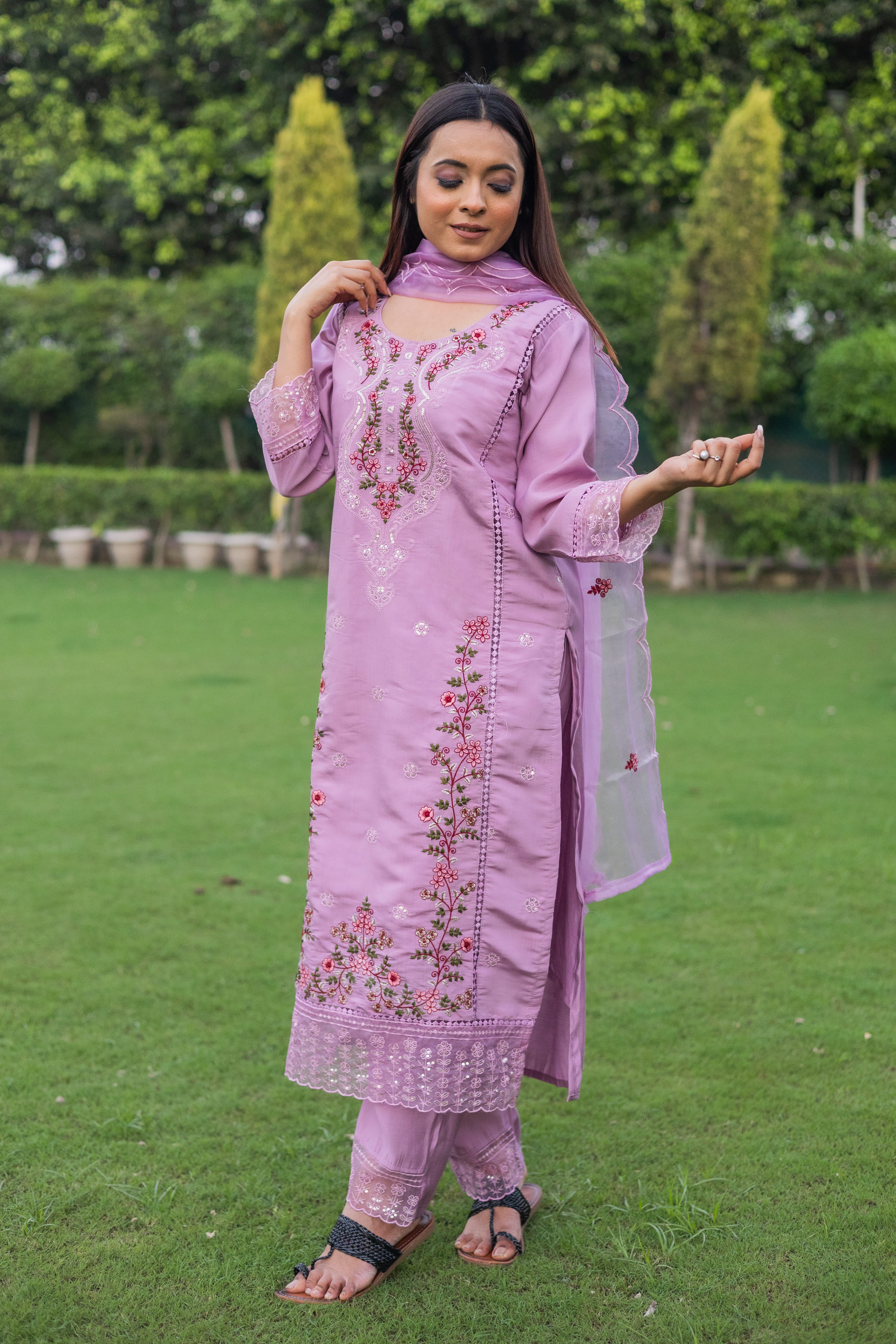 Blossom Charm Lavender Embroidered Kurta Set with Dupatta (Set of 3) - Vanika