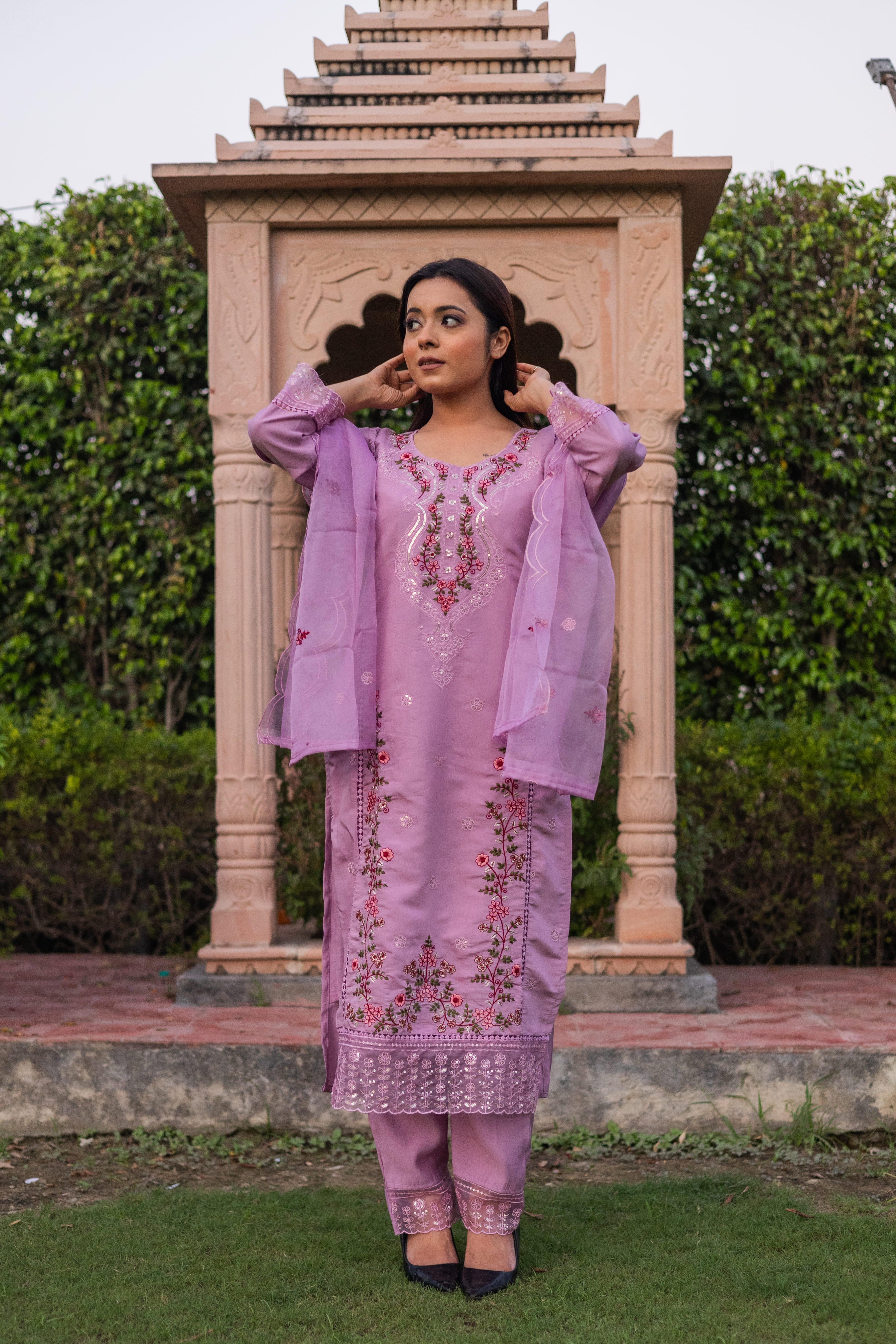 Blossom Charm Lavender Embroidered Kurta Set with Dupatta (Set of 3) - Vanika