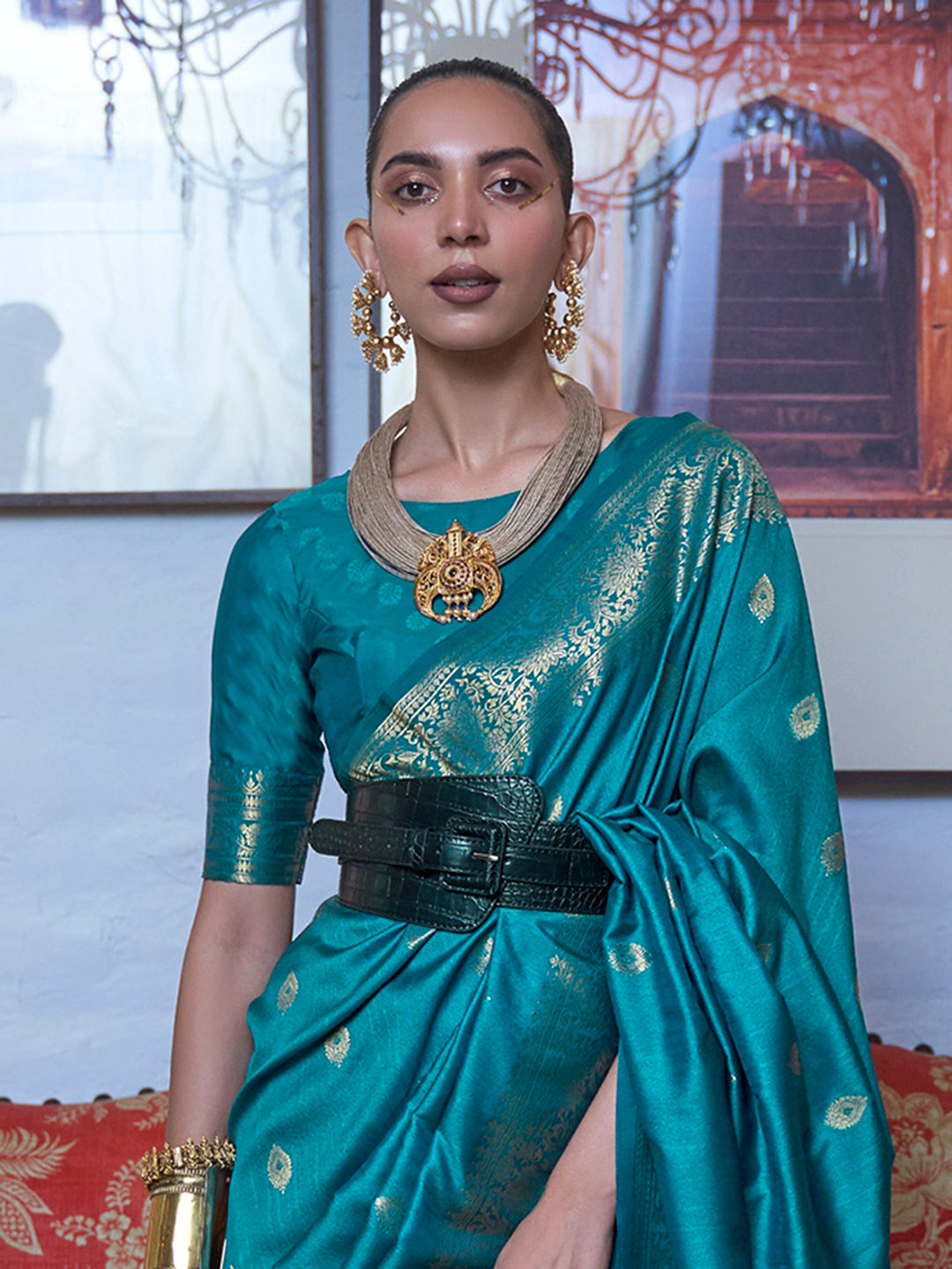 Teal Luxe Silk Blend Handloom Woven Designer Saree with Blouse Piece