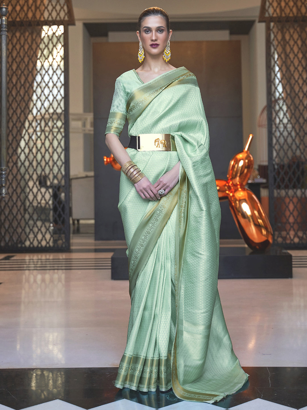 Ocean Mist Silk Blend Sea Green Designer Saree with Blouse Piece
