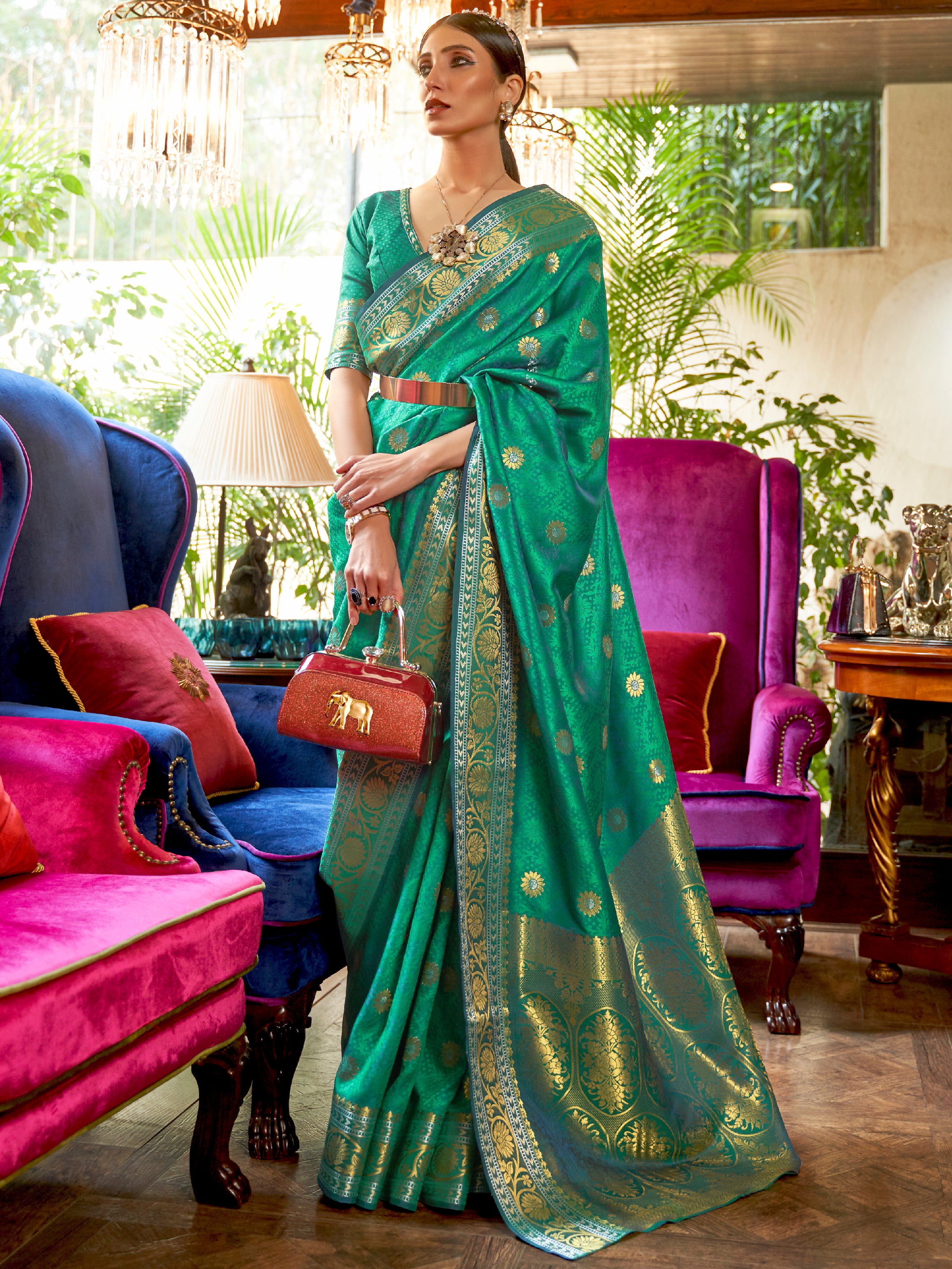 Silk Blend Teal Green Woven Design Handloom Saree with Blouse Piece