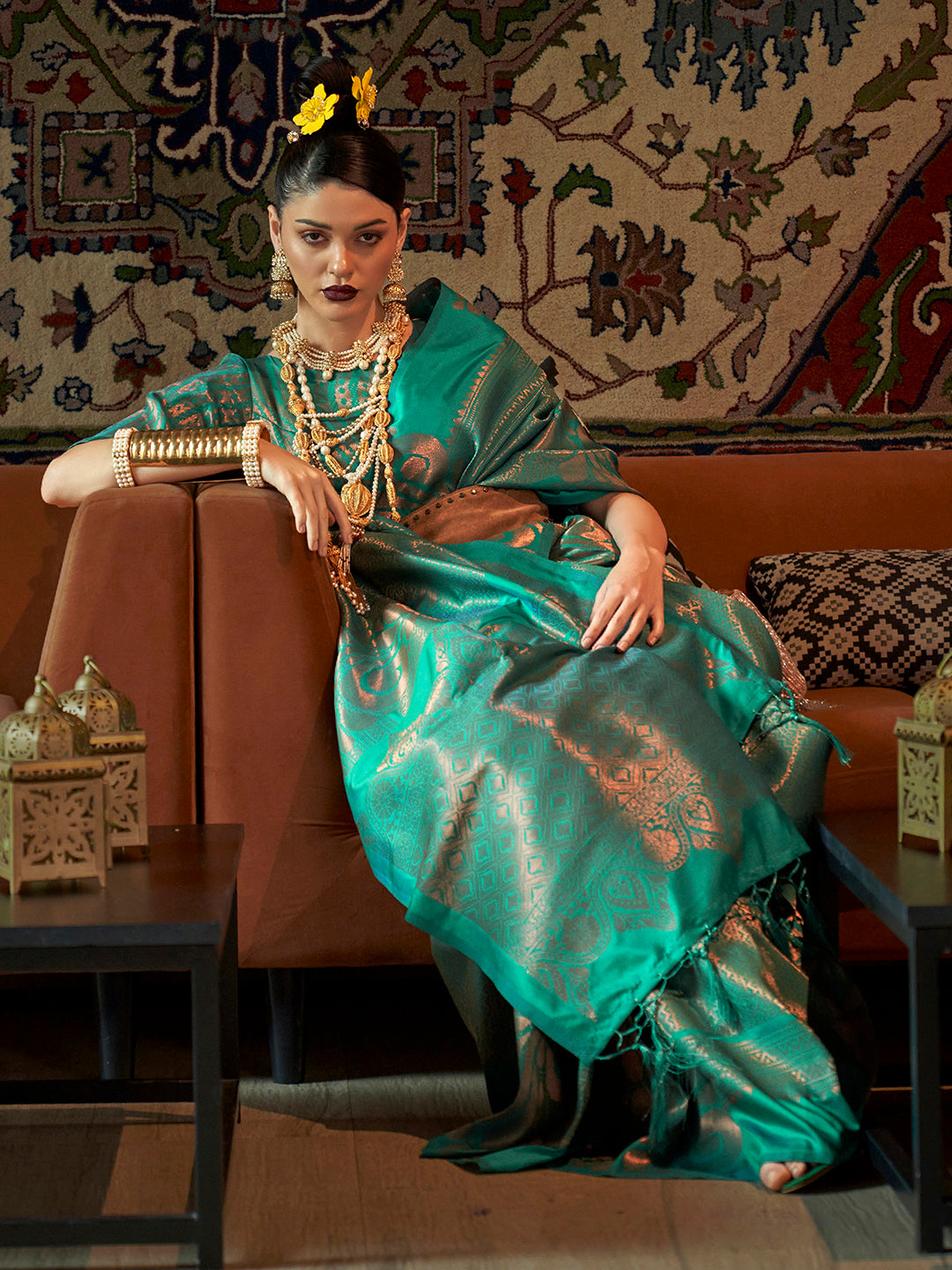 Teal Royale Silk Blend Handloom Saree with Copper Zari & Blouse Piece