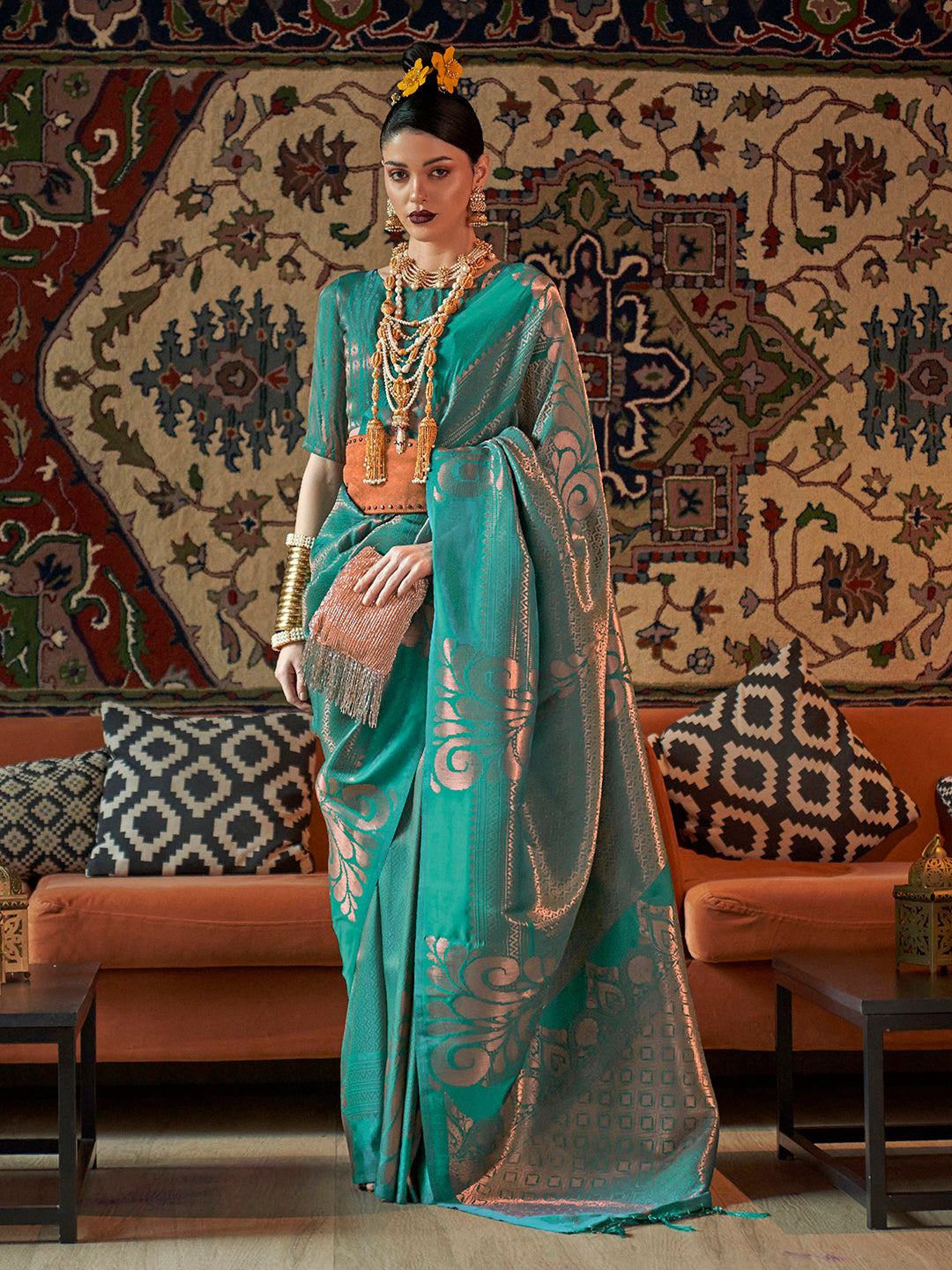 Teal Royale Silk Blend Handloom Saree with Copper Zari & Blouse Piece