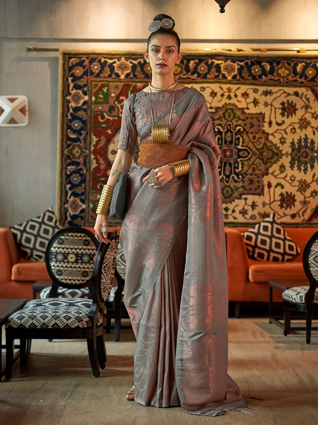 Moonlit Grey Silk Blend Handloom Saree with Copper Zari & Blouse Piece