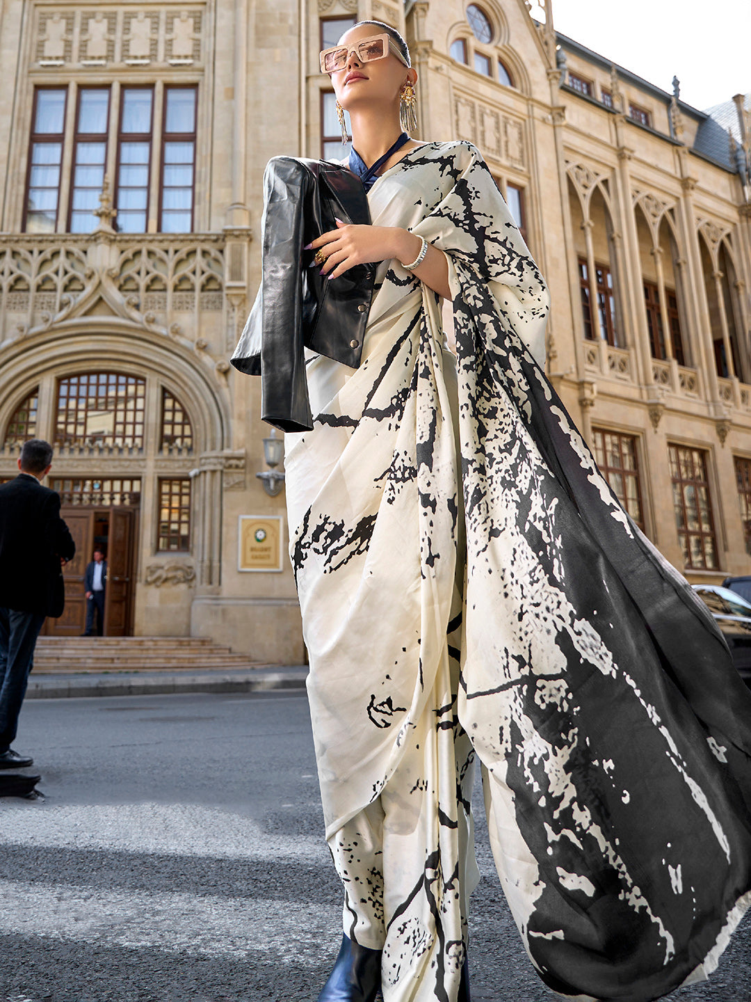 Ivory & Black Abstract Print Saree with Contemporary Drape