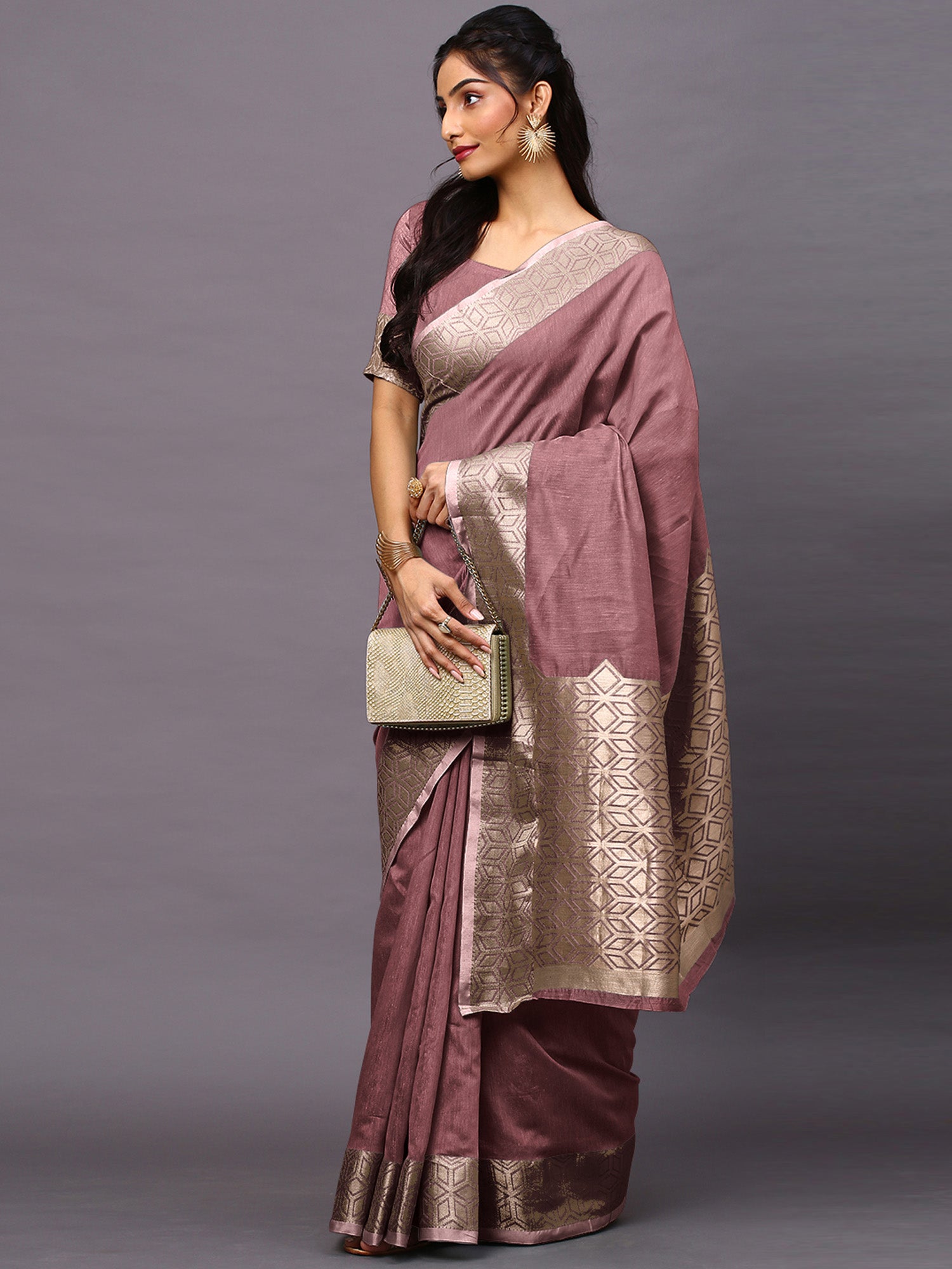 Mauve Bloom Linen Blend Designer Saree with Blouse Piece