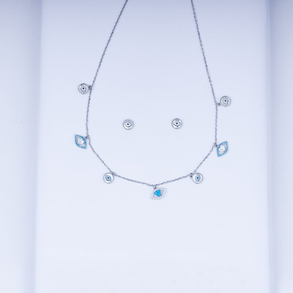 Evil Eye Amulet Zircon Necklace Set In 925 Sterling Silver