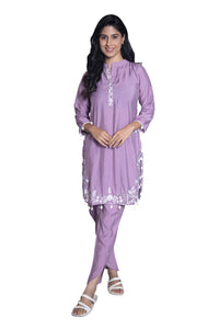 Lavender Co-ord  Set with Delicate White Embroidery and Shell Tassel Embellished (Set of 2)