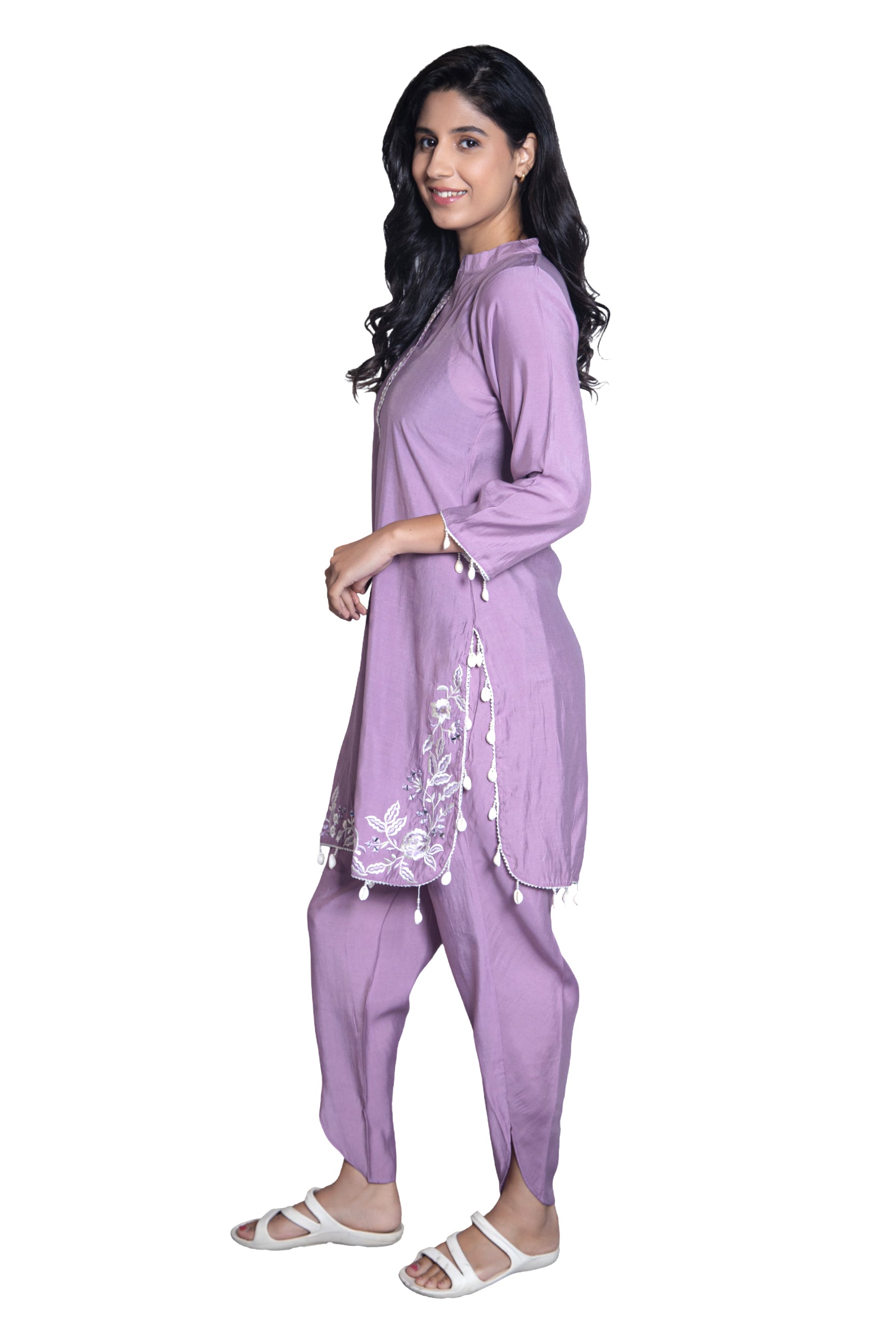 Lavender Co-ord  Set with Delicate White Embroidery and Shell Tassel Embellished (Set of 2)