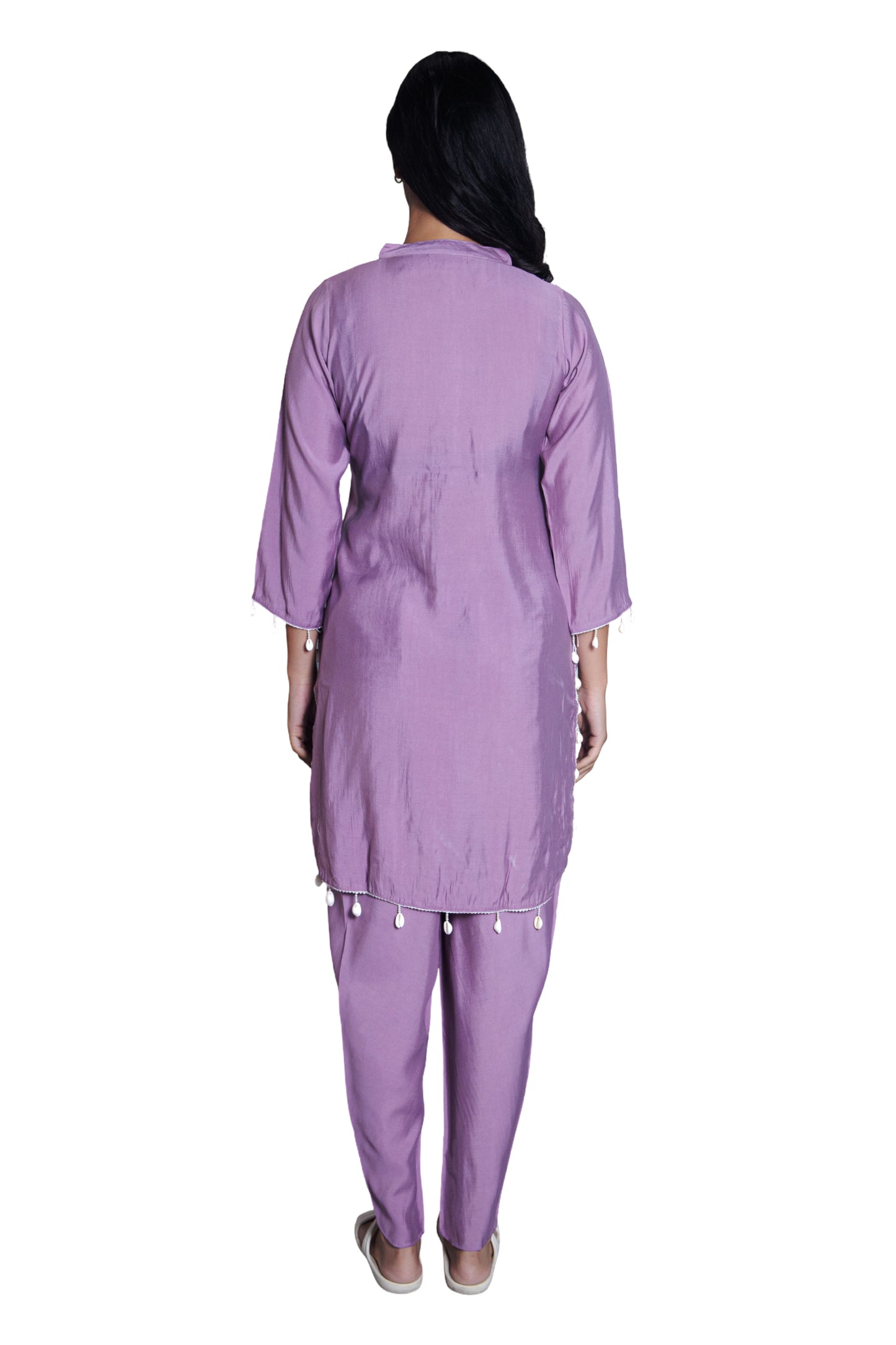 Lavender Co-ord  Set with Delicate White Embroidery and Shell Tassel Embellished (Set of 2)