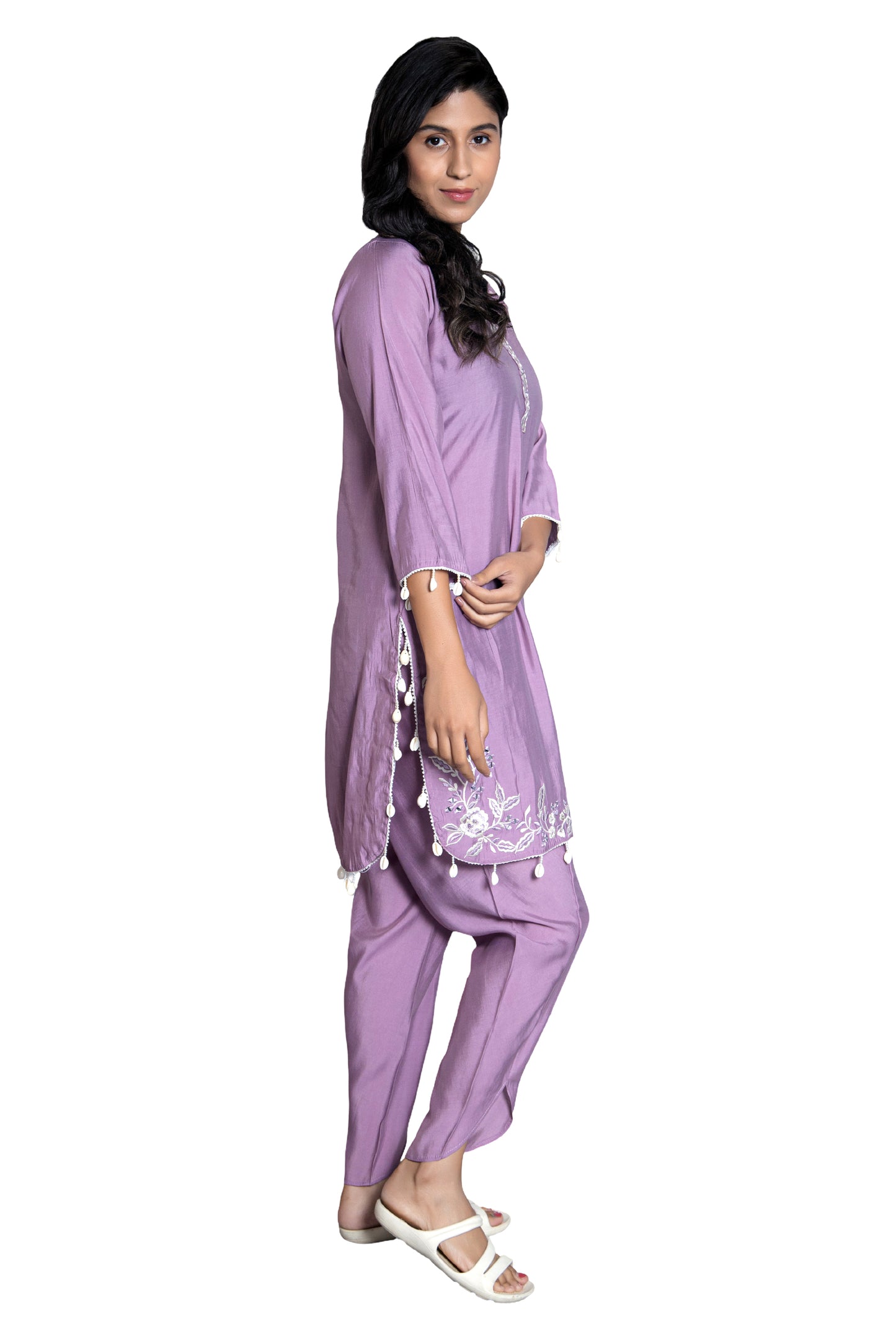 Lavender Co-ord  Set with Delicate White Embroidery and Shell Tassel Embellished (Set of 2)