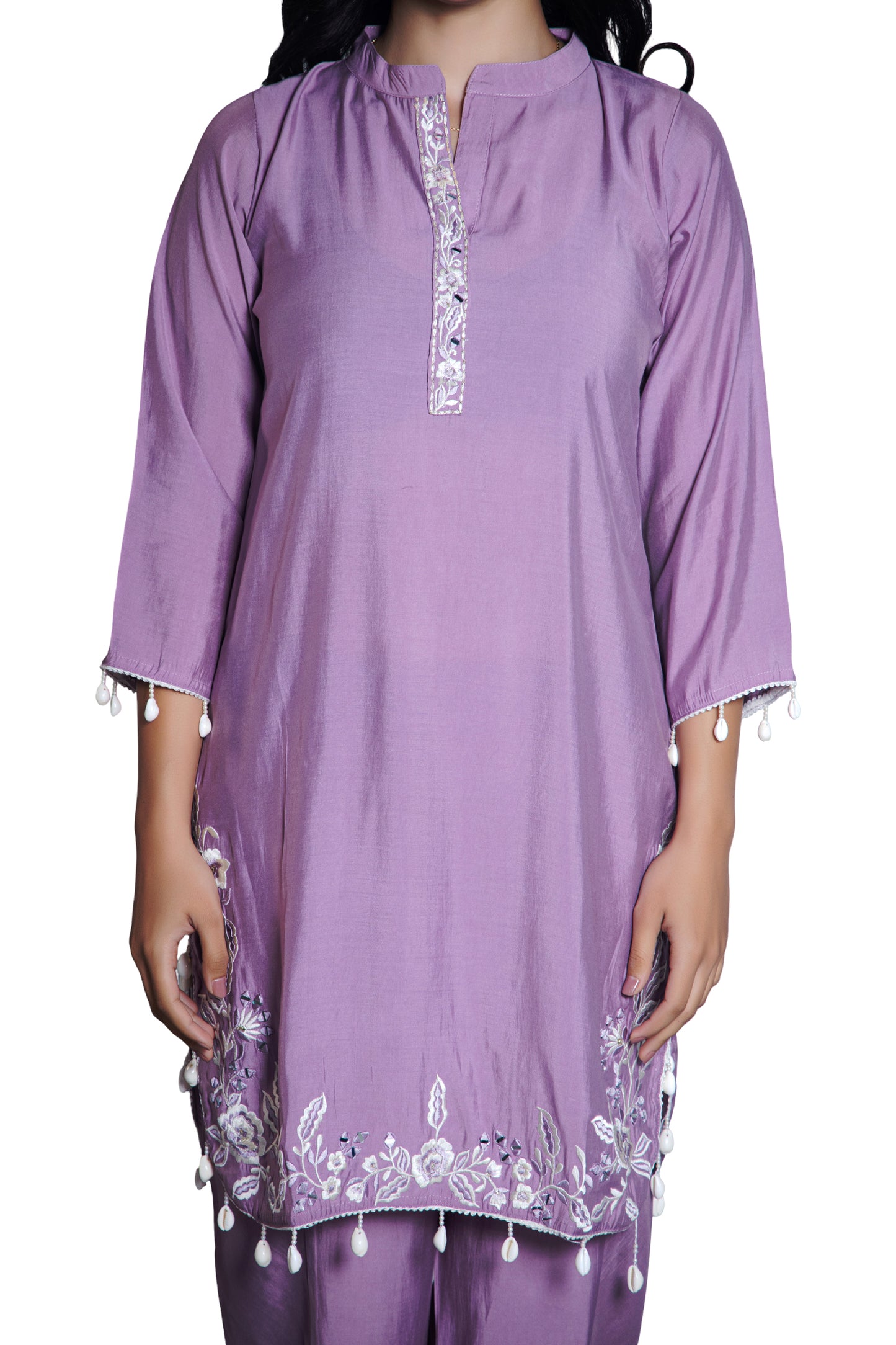 Lavender Co-ord  Set with Delicate White Embroidery and Shell Tassel Embellished (Set of 2)
