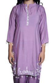 Lavender Co-ord  Set with Delicate White Embroidery and Shell Tassel Embellished (Set of 2)