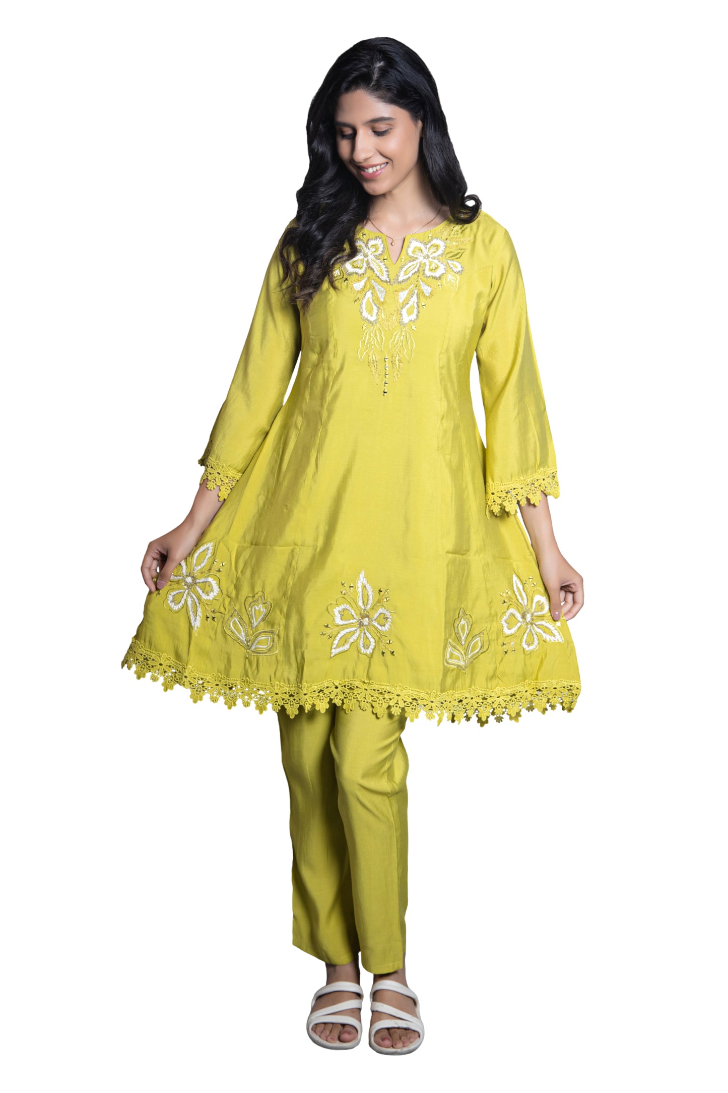 Lime Green Co-ord Set Floral Embellished and Exquisite Lace with Bell Sleeve Design (Set of 2)