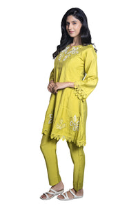 Lime Green Co-ord Set Floral Embellished and Exquisite Lace with Bell Sleeve Design (Set of 2)