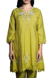Lime Green Co-ord Set Floral Embellished and Exquisite Lace with Bell Sleeve Design (Set of 2)