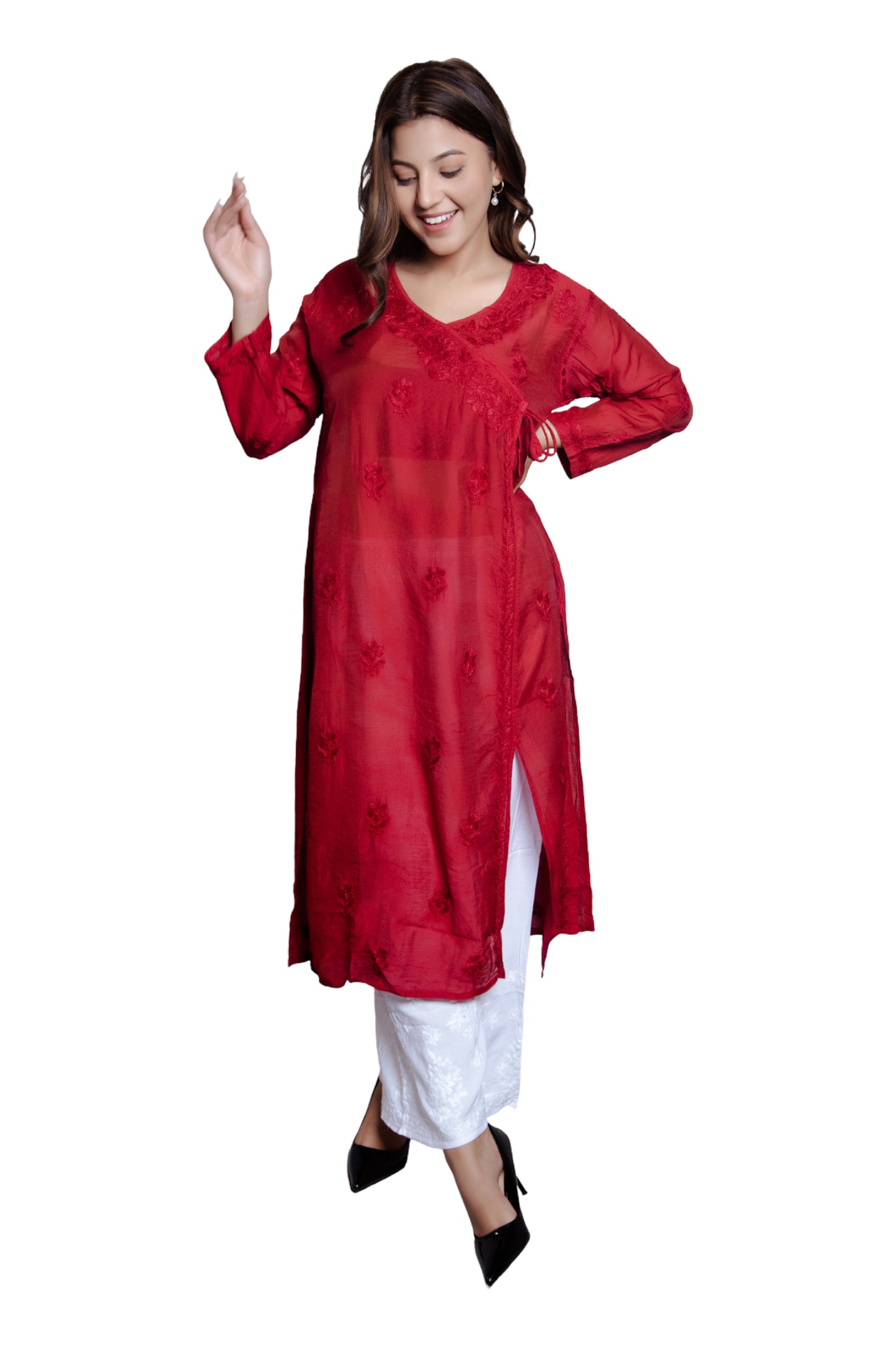 Maroon Chikankari Chanderi Angrakha Kurti