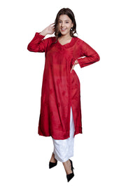 Maroon Chikankari Chanderi Angrakha Kurti