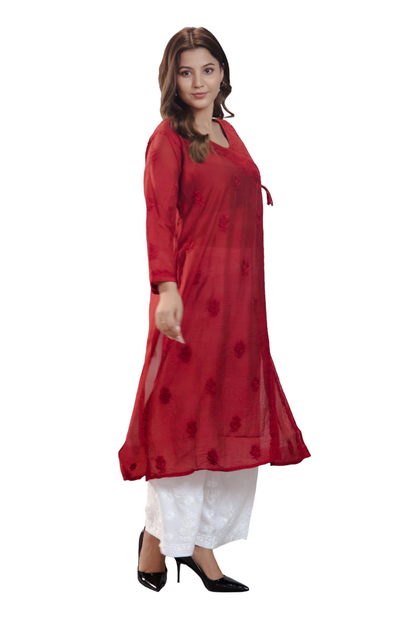 Maroon Chikankari Chanderi Angrakha Kurti