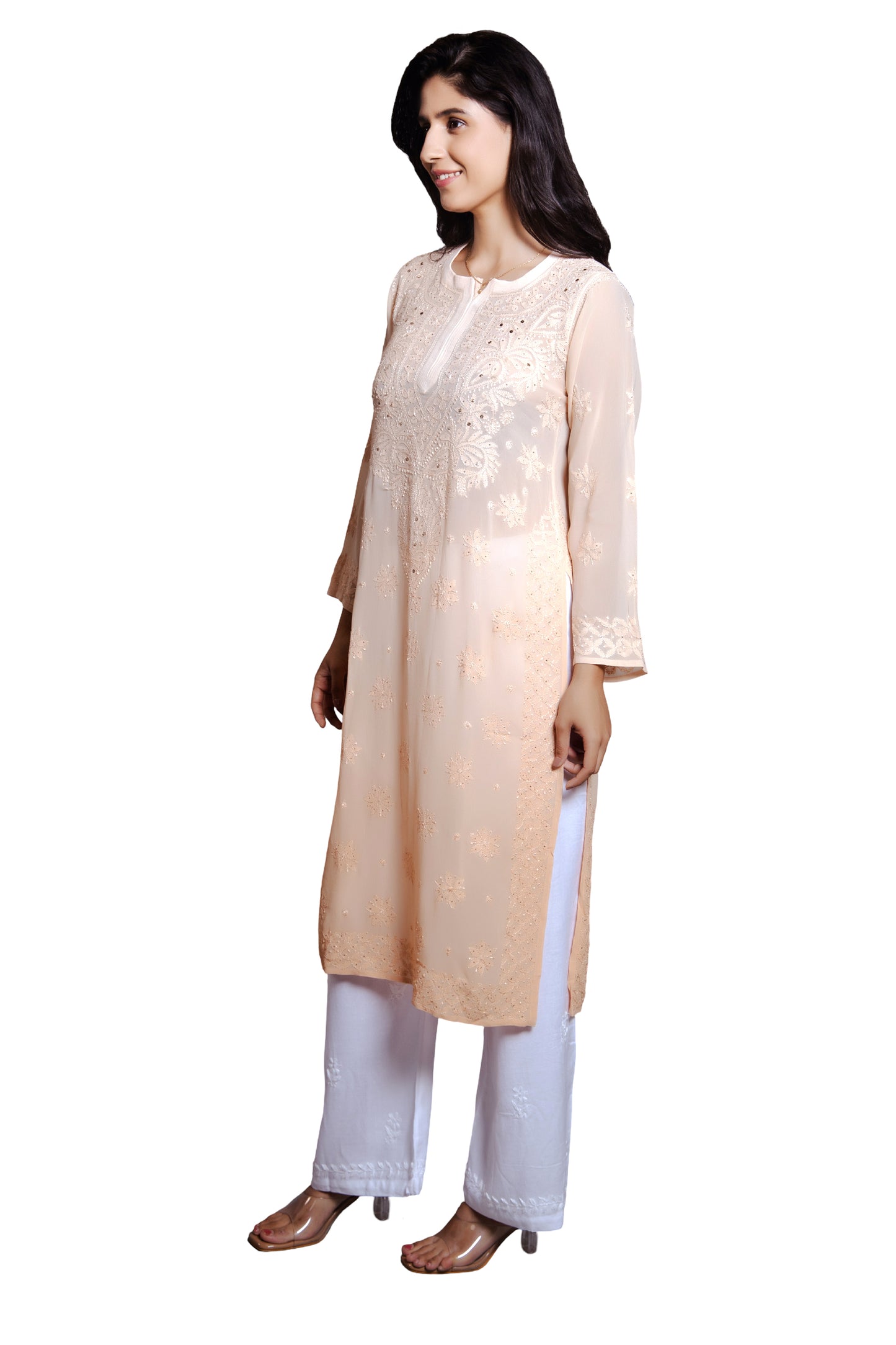 Ombre Chikankari and Mukaish Work Kurta- Pale Pink