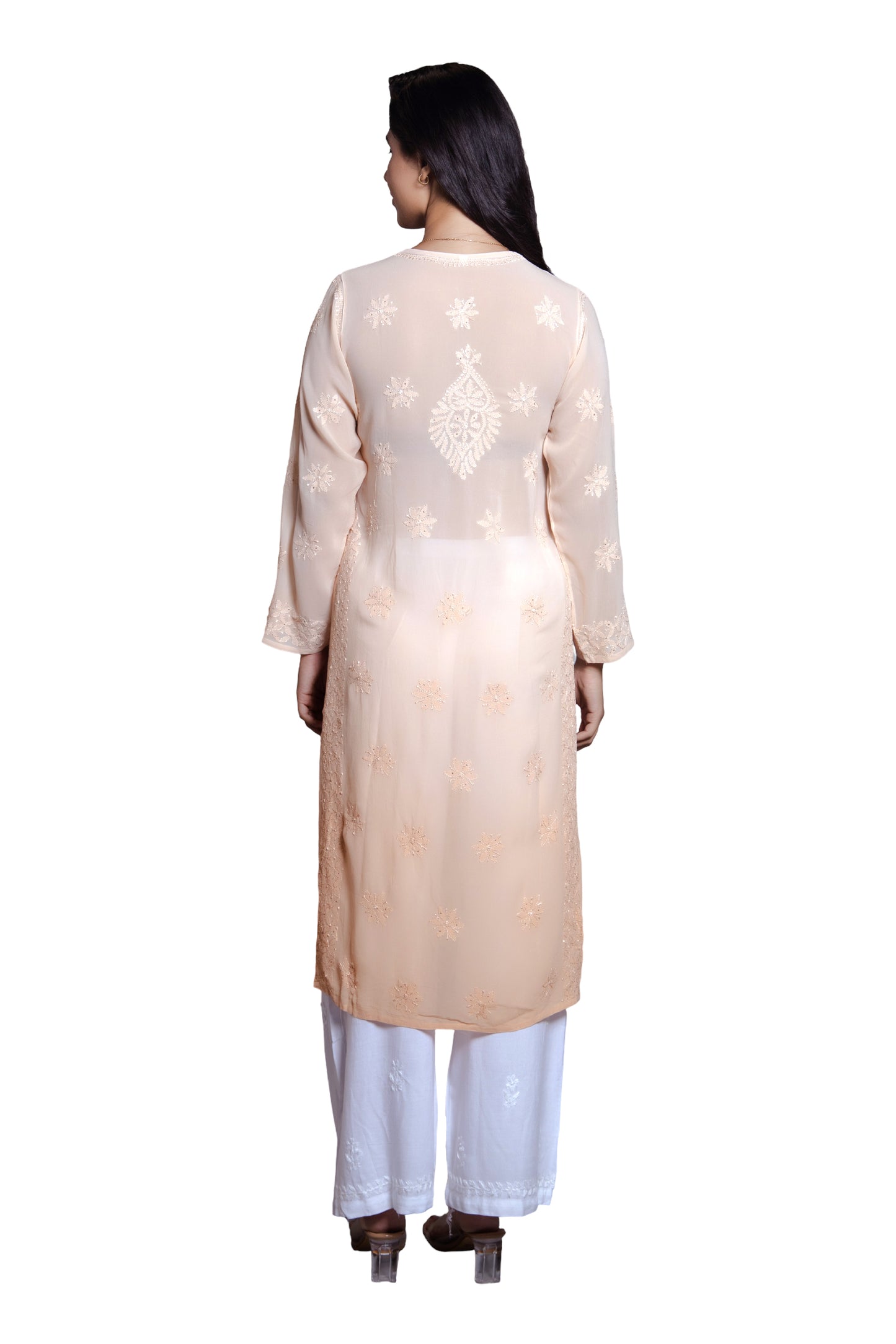 Ombre Chikankari and Mukaish Work Kurta- Pale Pink