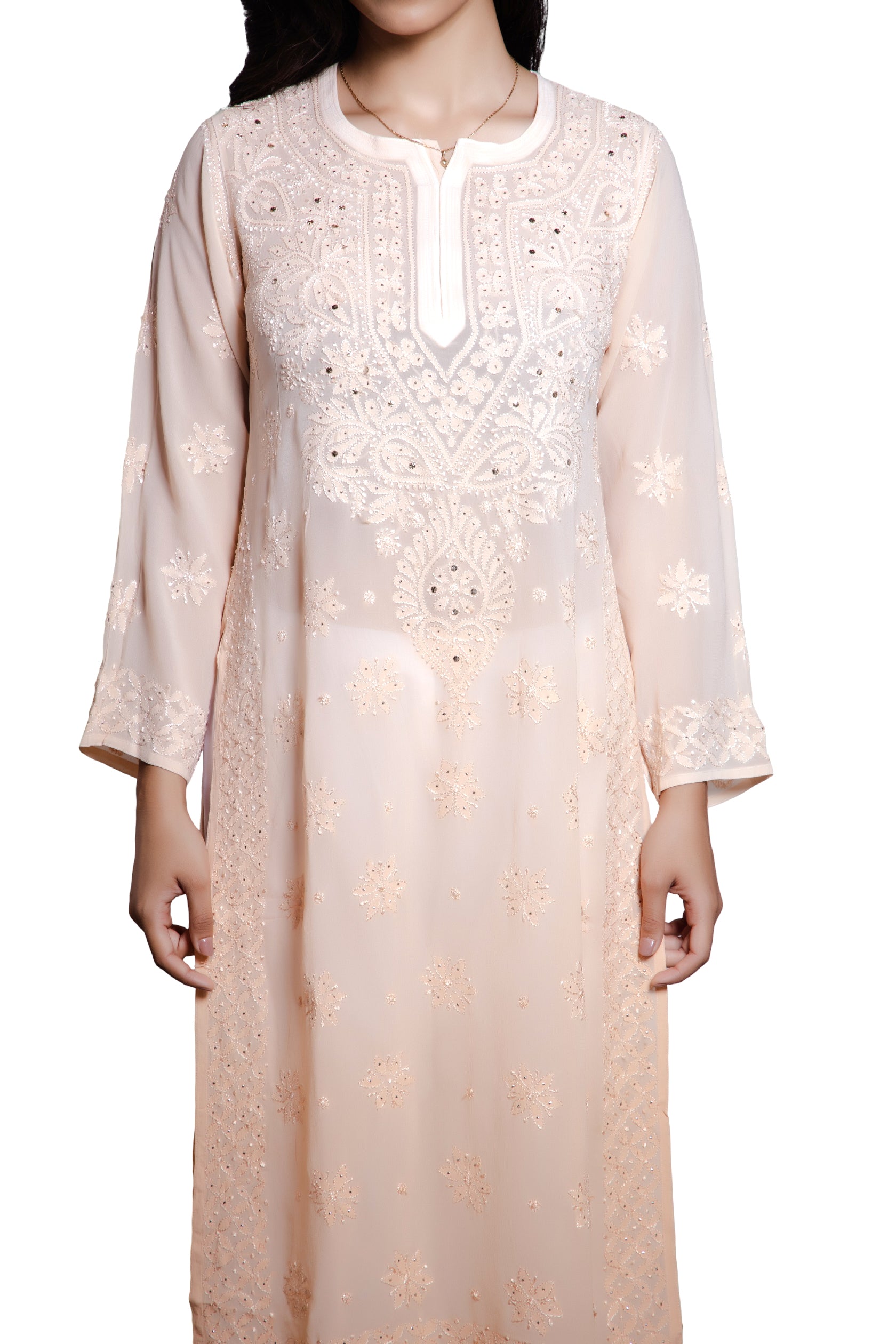 Ombre Chikankari and Mukaish Work Kurta- Pale Pink