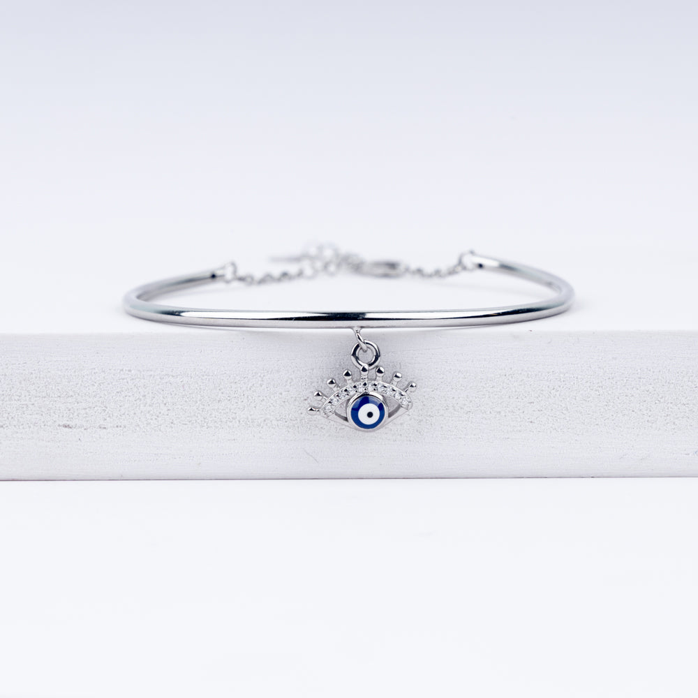 Blue Evil Eye Charm Zircon Adjustable Bracelet In 925 Sterling Silver