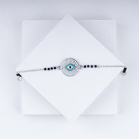 Evil Eye Charm Bling Chain Bracelet With Black Beads In 925 Sterling Silver