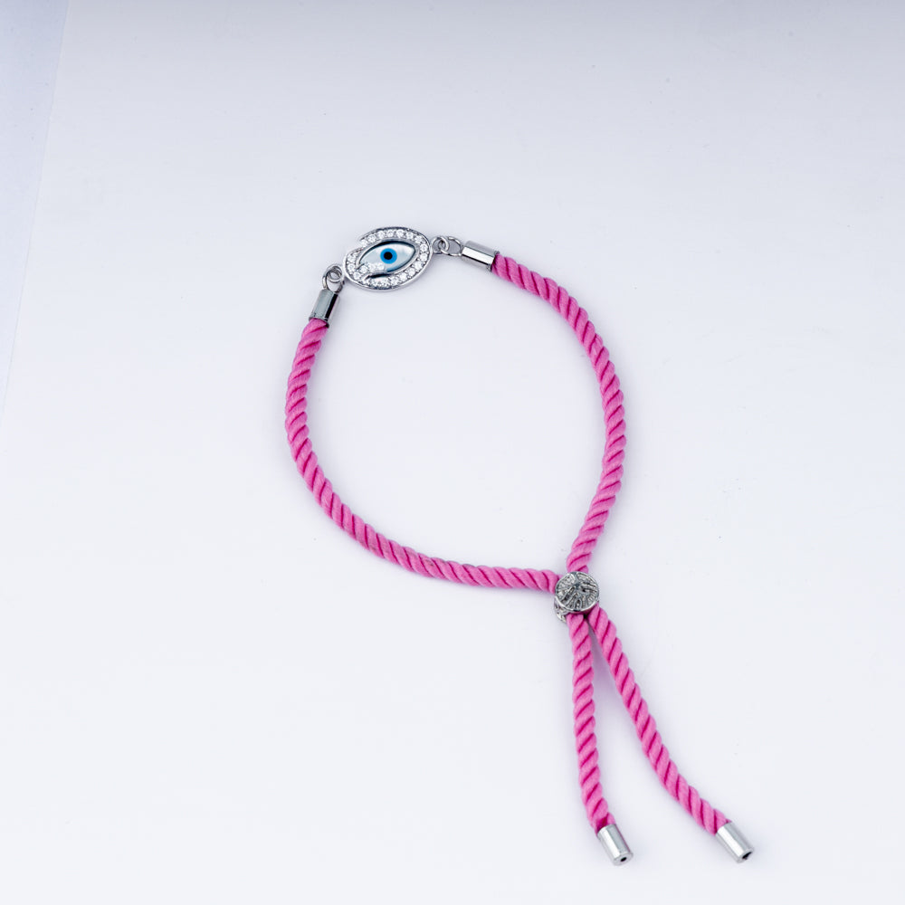 Chic Evil Eye Rakhi in 925 Silver on Fashion Pink Braided Cord