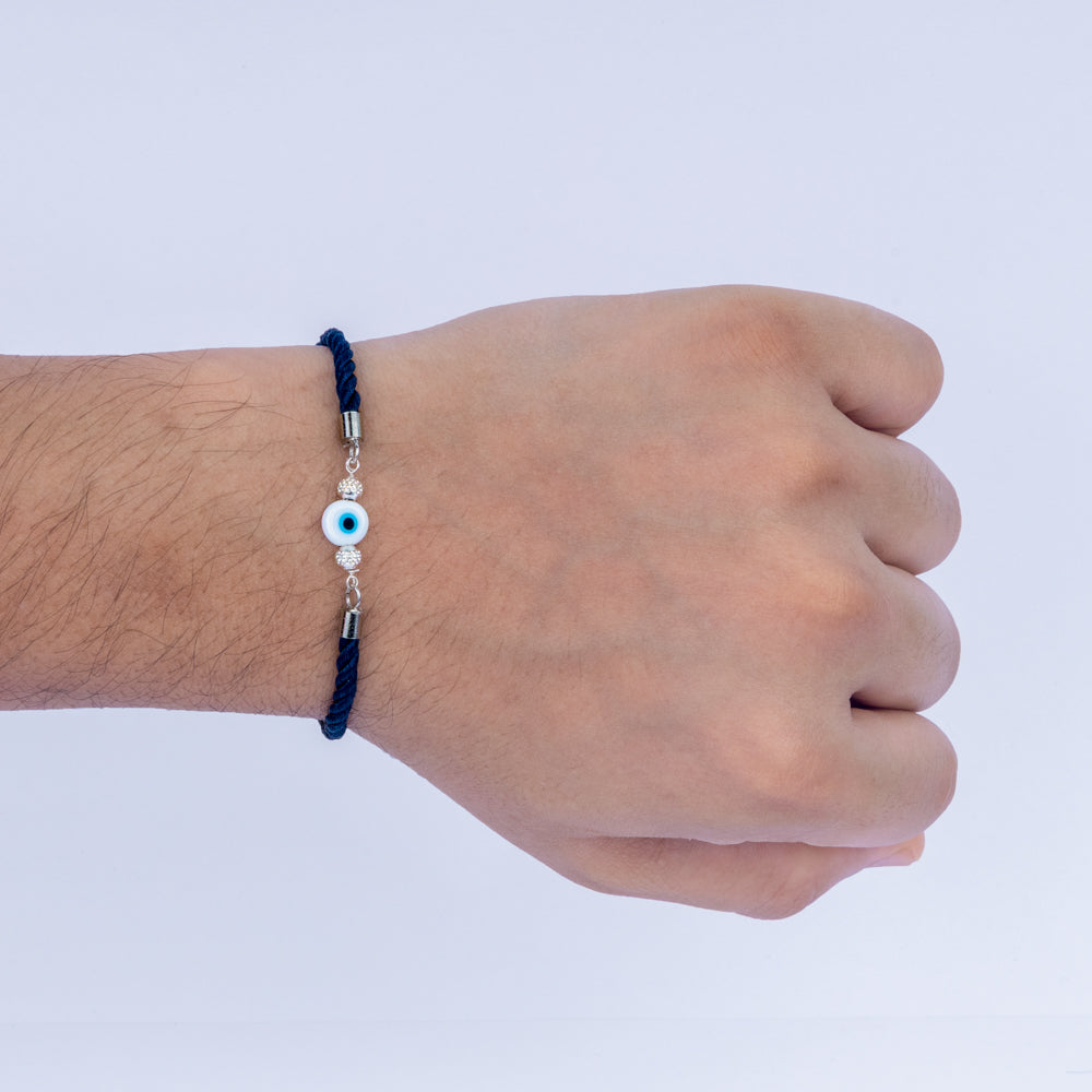 925 Sterling Silver Evil Eye Rakhi on Navy Braided Cord