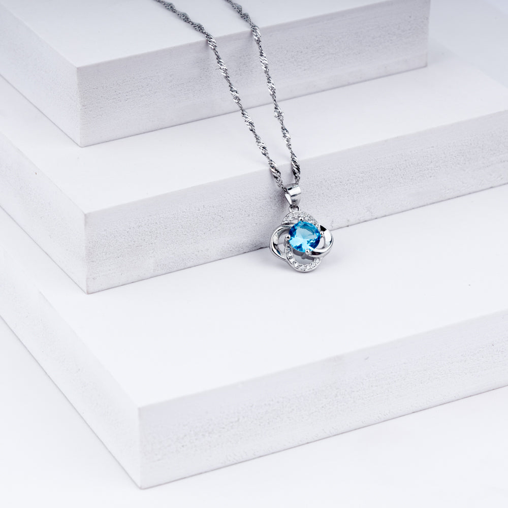 Blue Topaz Halo Pendant Necklace in 925 Sterling Silver