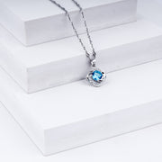 Blue Topaz Halo Pendant Necklace in 925 Sterling Silver