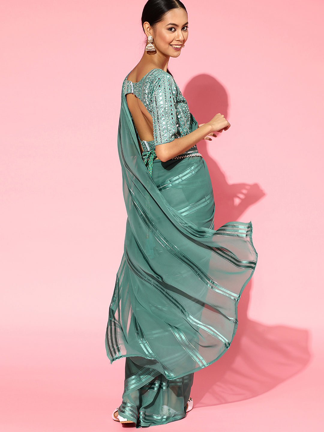 Teal Blue Georgette Belt Saree with Blouse Piece