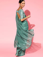 Teal Blue Georgette Belt Saree with Blouse Piece