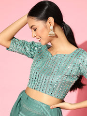 Teal Blue Georgette Belt Saree with Blouse Piece