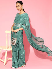 Teal Blue Georgette Belt Saree with Blouse Piece