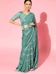 Teal Blue Georgette Belt Saree with Blouse Piece