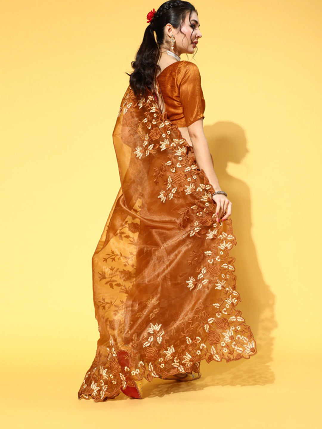 Amber Luxe Organza Embroidered Saree with Blouse Piece